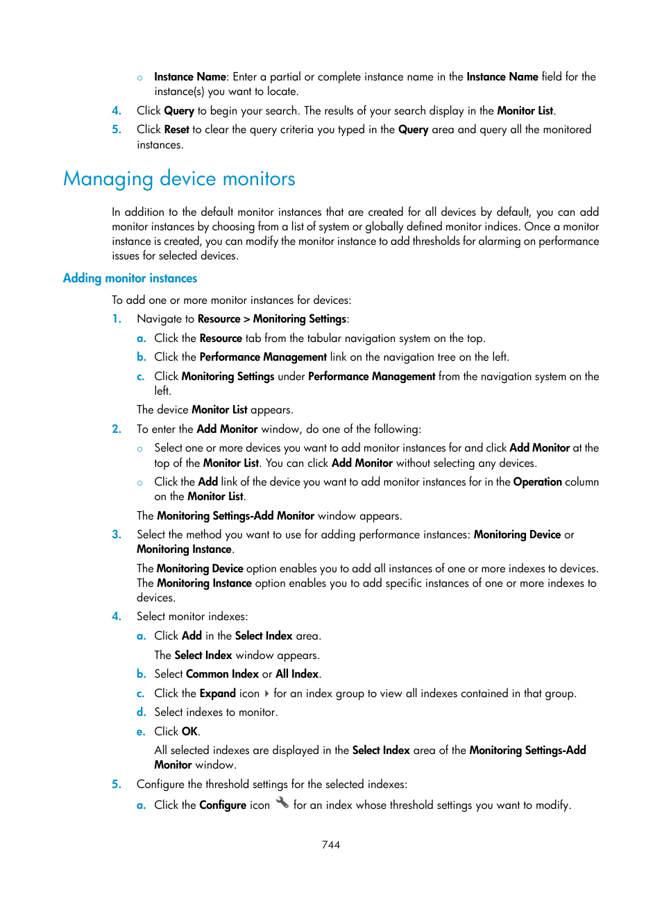 Managing device monitors, Adding monitor instances, Managing device | Monitors | H3C Technologies H3C Intelligent Management Center User Manual | Page 758 / 1065