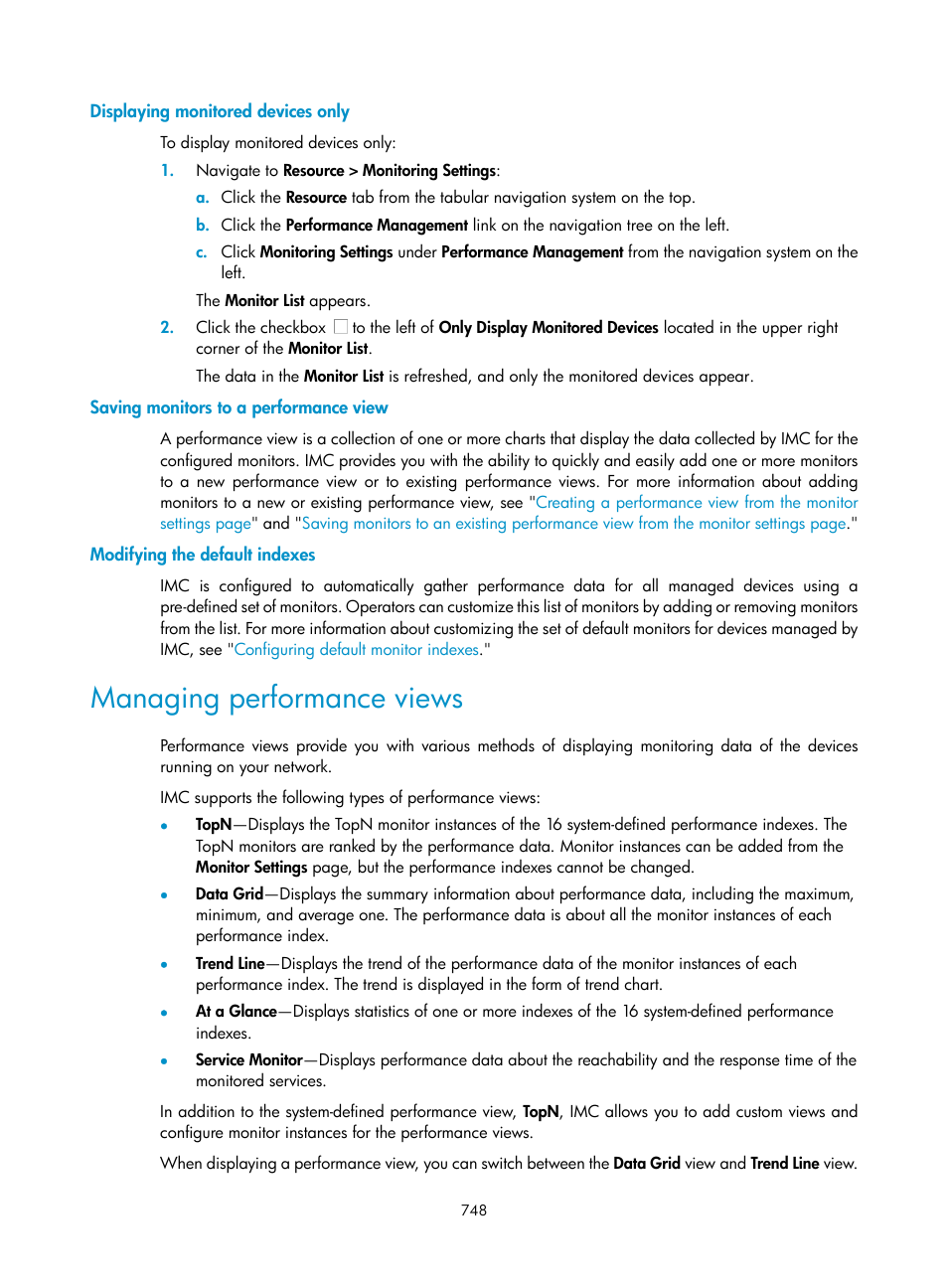 Displaying monitored devices only, Saving monitors to a performance view, Modifying the default indexes | Managing performance views | H3C Technologies H3C Intelligent Management Center User Manual | Page 762 / 1065