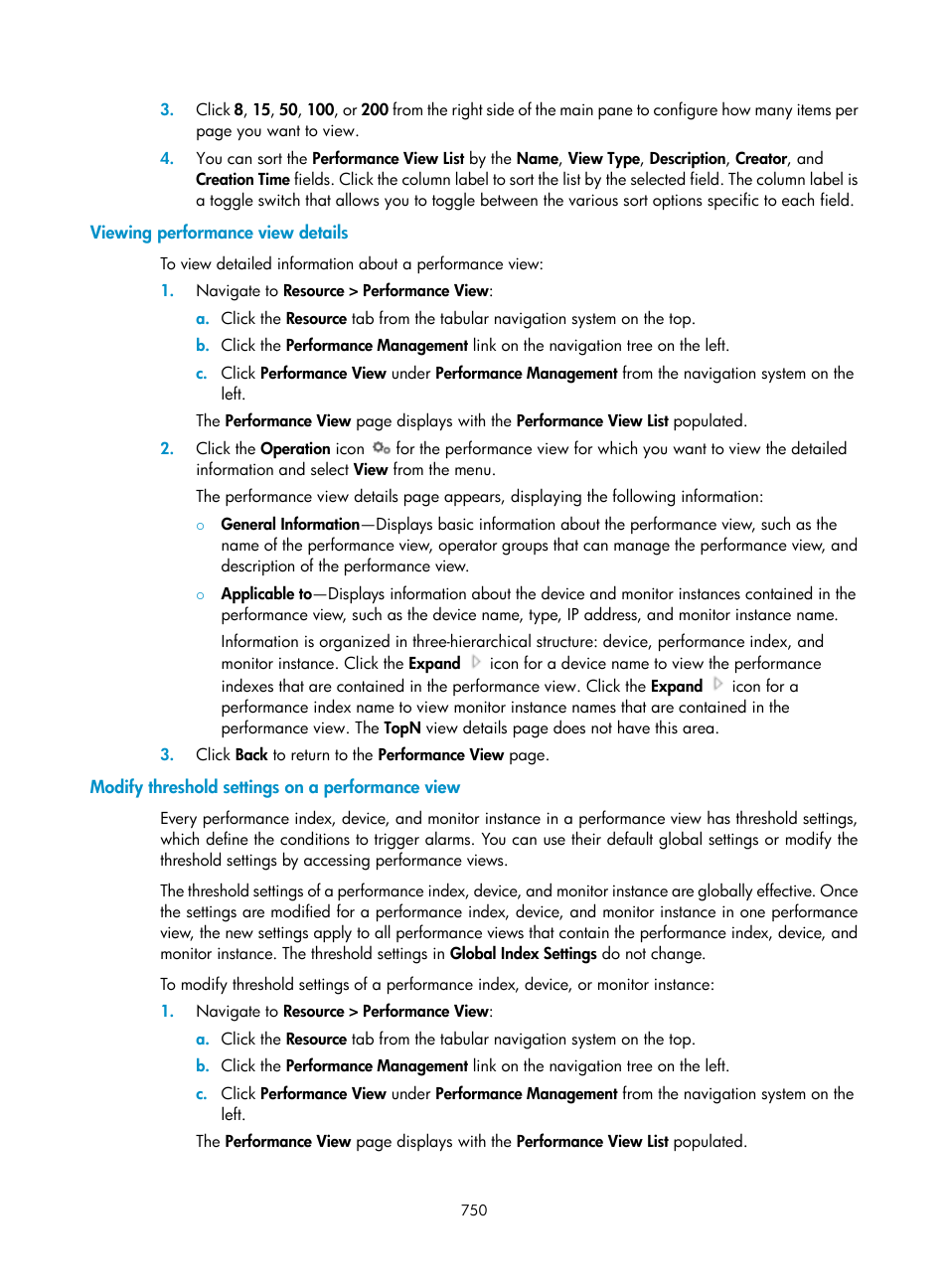 Viewing performance view details, Modify threshold settings on a performance view | H3C Technologies H3C Intelligent Management Center User Manual | Page 764 / 1065