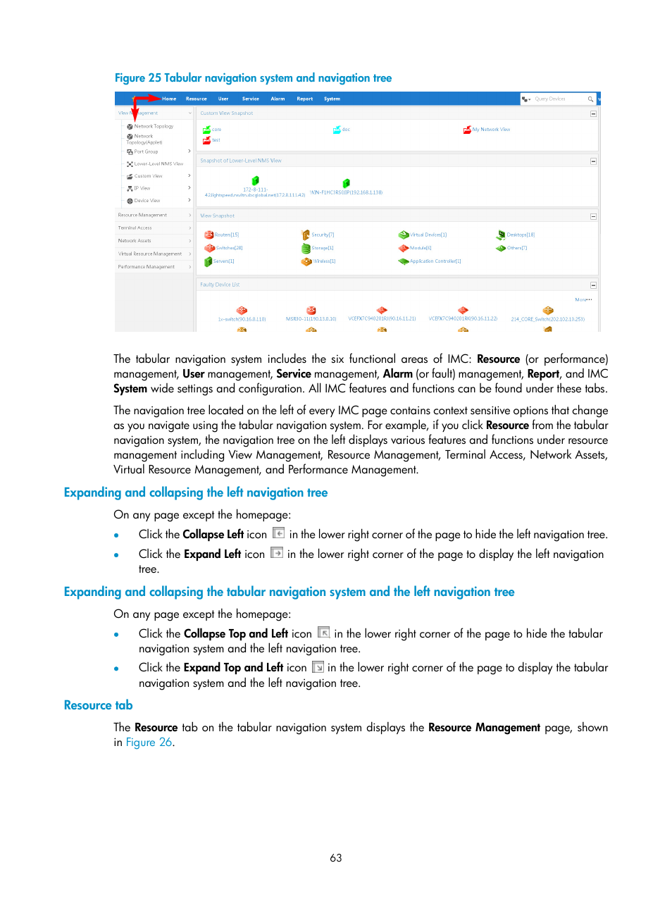 Expanding and collapsing the left navigation tree, Resource tab, Figure 25 | H3C Technologies H3C Intelligent Management Center User Manual | Page 77 / 1065