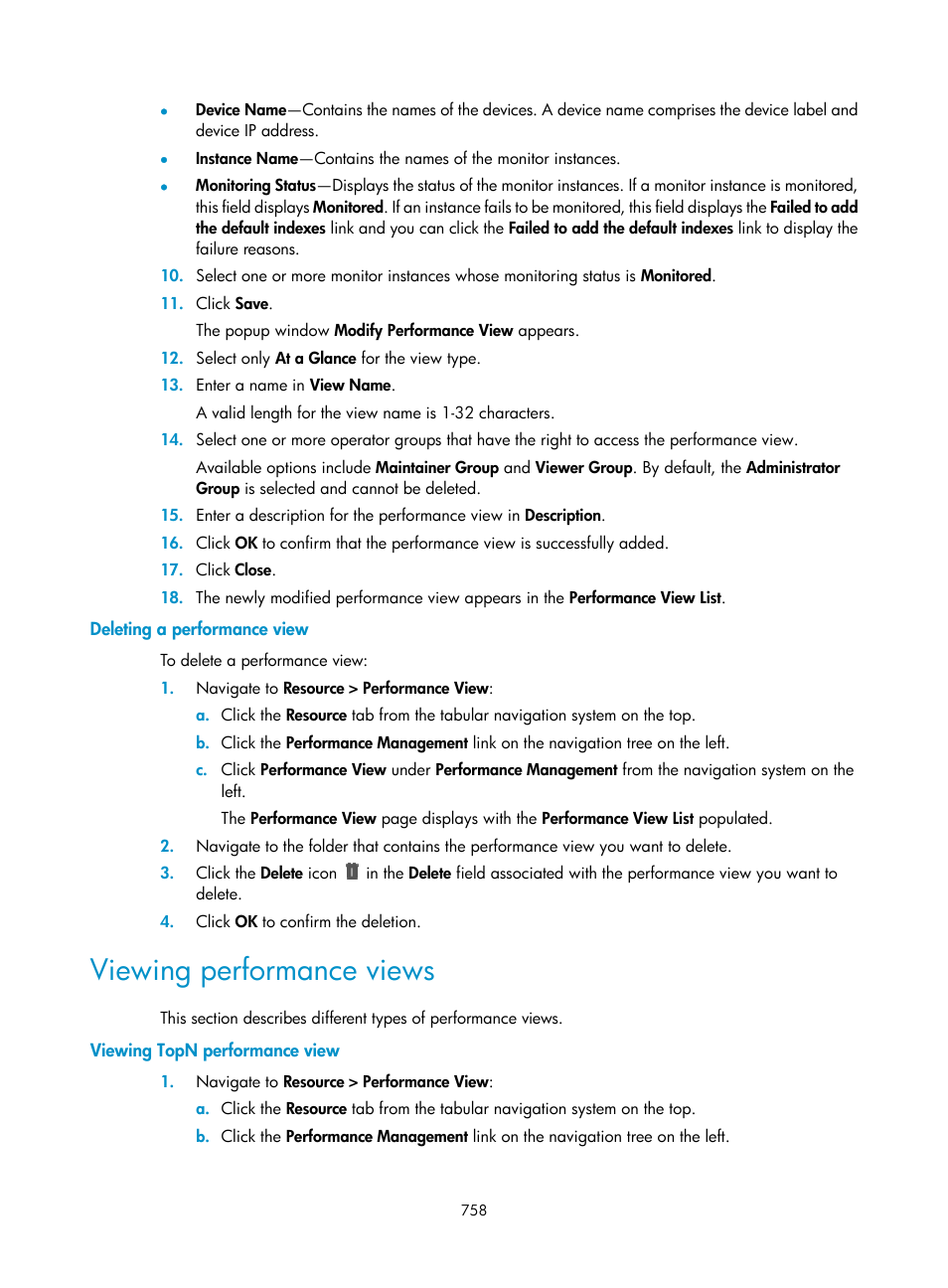 Deleting a performance view, Viewing performance views, Viewing topn performance view | N, see | H3C Technologies H3C Intelligent Management Center User Manual | Page 772 / 1065