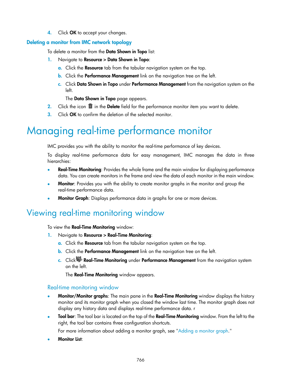 Deleting a monitor from imc network topology, Managing real-time performance monitor, Viewing real-time monitoring window | Real-time monitoring window, Managing real-time performance, Monitor | H3C Technologies H3C Intelligent Management Center User Manual | Page 780 / 1065