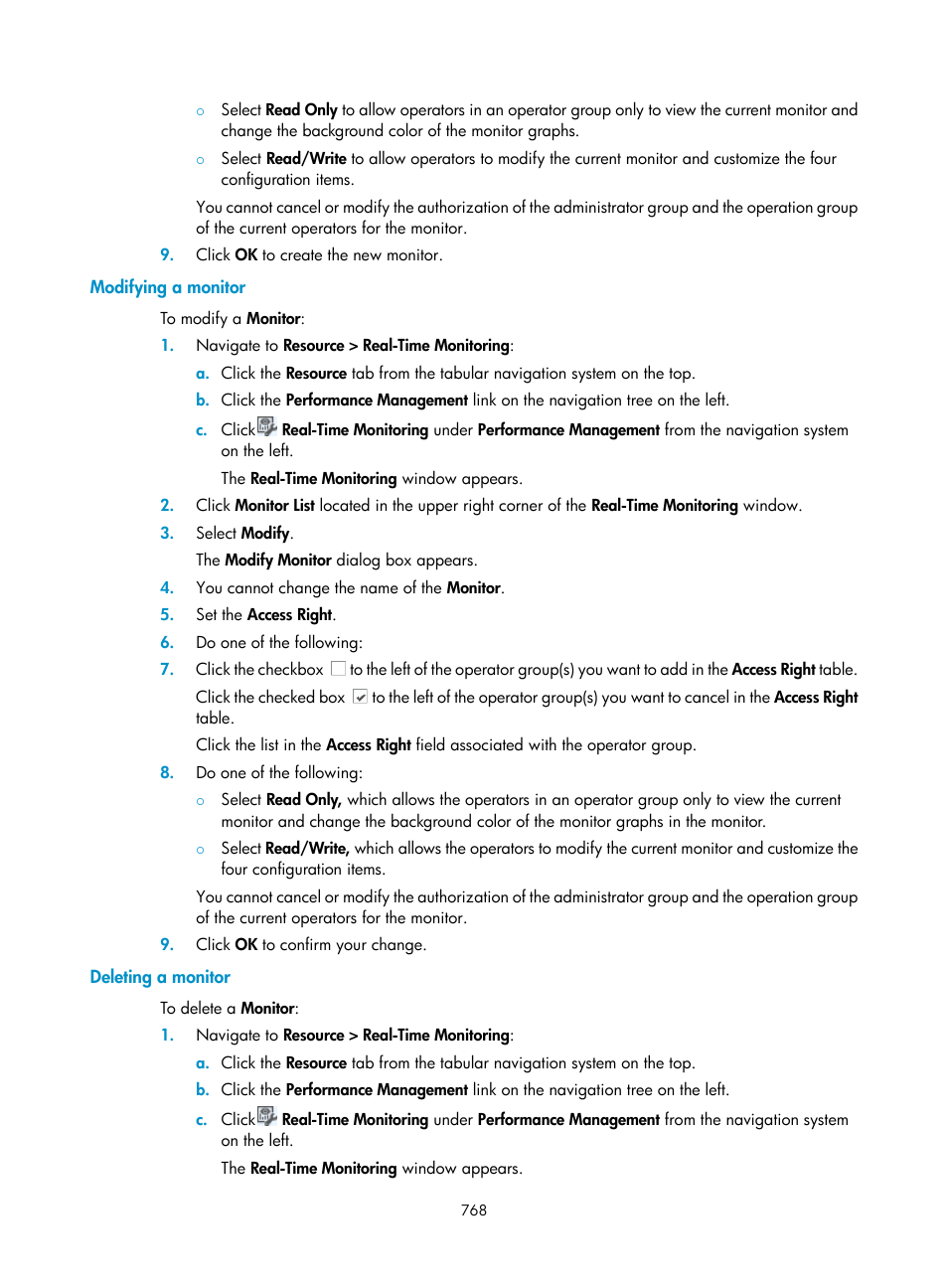 Modifying a monitor, Deleting a monitor, Deleting a | Monitor | H3C Technologies H3C Intelligent Management Center User Manual | Page 782 / 1065