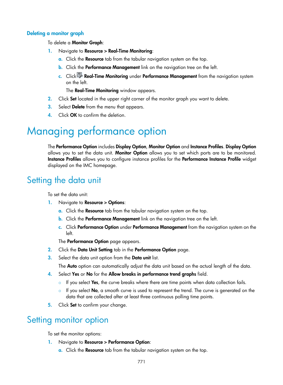 Deleting a monitor graph, Managing performance option, Setting the data unit | Setting monitor option, Setting, Monitor option | H3C Technologies H3C Intelligent Management Center User Manual | Page 785 / 1065