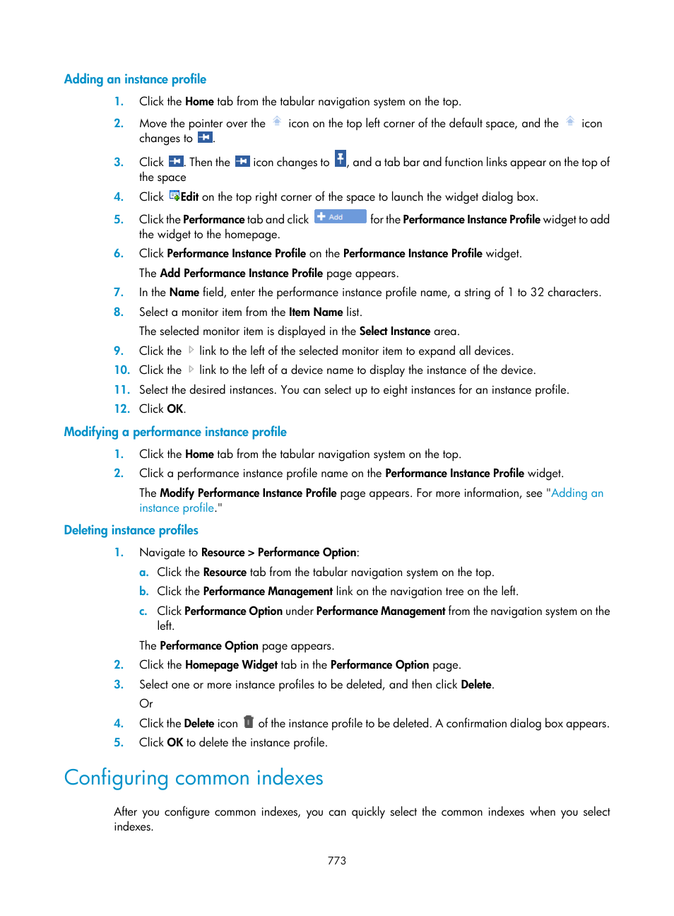 Adding an instance profile, Modifying a performance instance profile, Deleting instance profiles | Configuring common indexes, Adding an instance, Profile, Or s | H3C Technologies H3C Intelligent Management Center User Manual | Page 787 / 1065