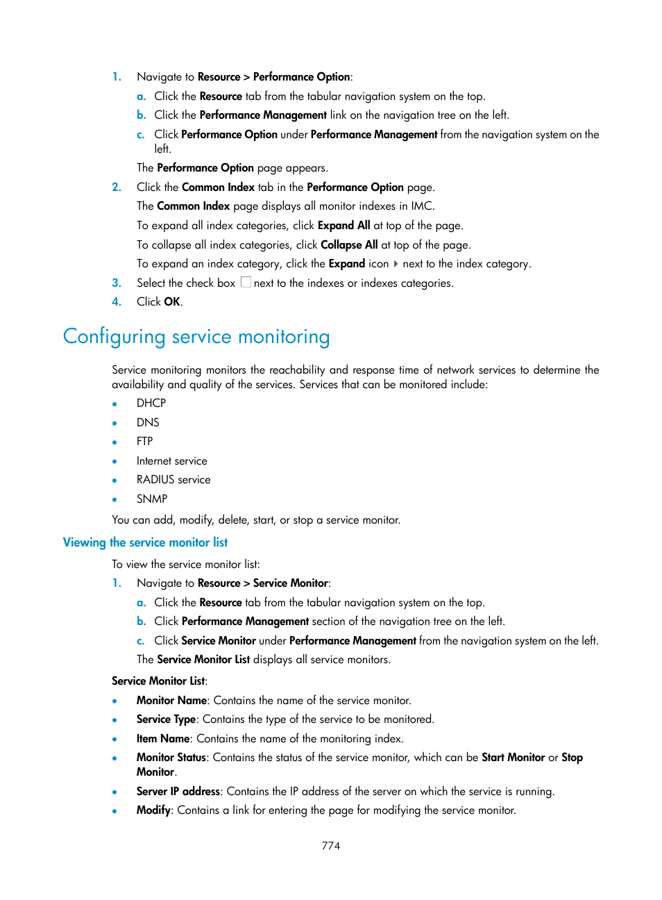 Configuring service monitoring, Viewing the service monitor list | H3C Technologies H3C Intelligent Management Center User Manual | Page 788 / 1065