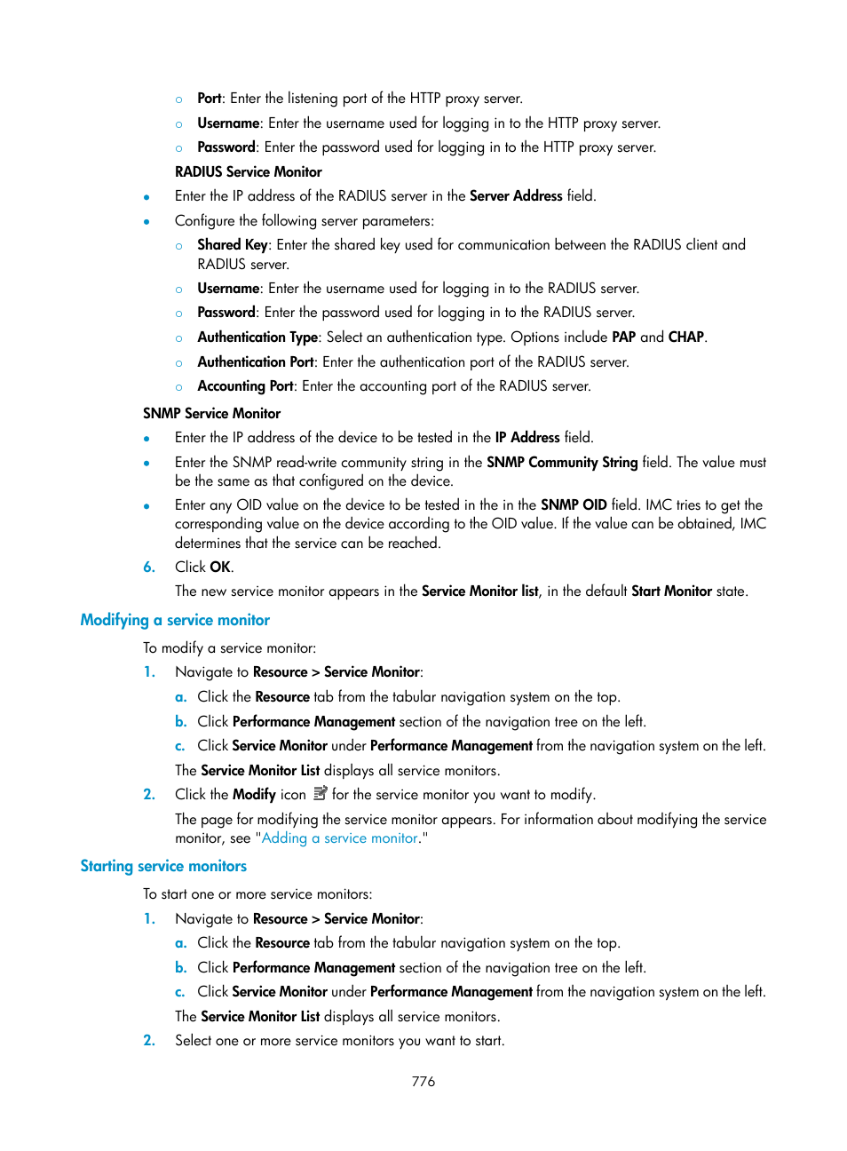 Modifying a service monitor, Starting service monitors | H3C Technologies H3C Intelligent Management Center User Manual | Page 790 / 1065