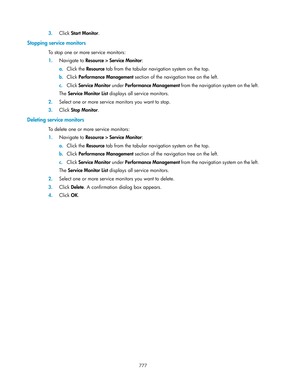 Stopping service monitors, Deleting service monitors | H3C Technologies H3C Intelligent Management Center User Manual | Page 791 / 1065