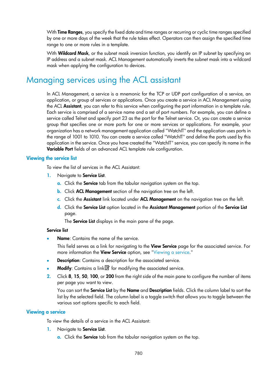 Managing services using the acl assistant, Viewing the service list, Viewing a service | H3C Technologies H3C Intelligent Management Center User Manual | Page 794 / 1065