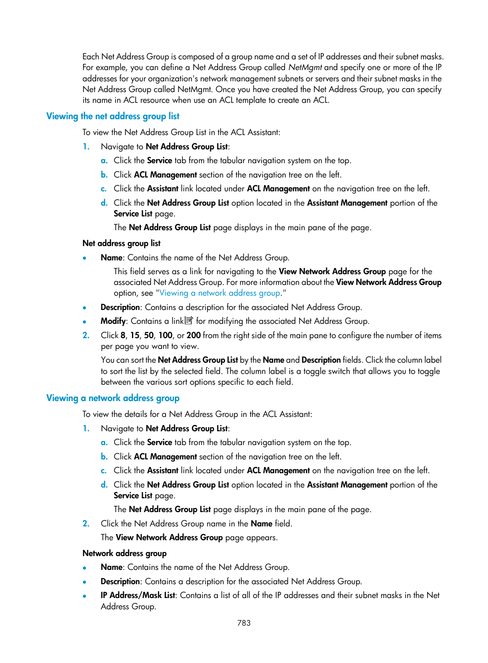 Viewing the net address group list, Viewing a network address group | H3C Technologies H3C Intelligent Management Center User Manual | Page 797 / 1065