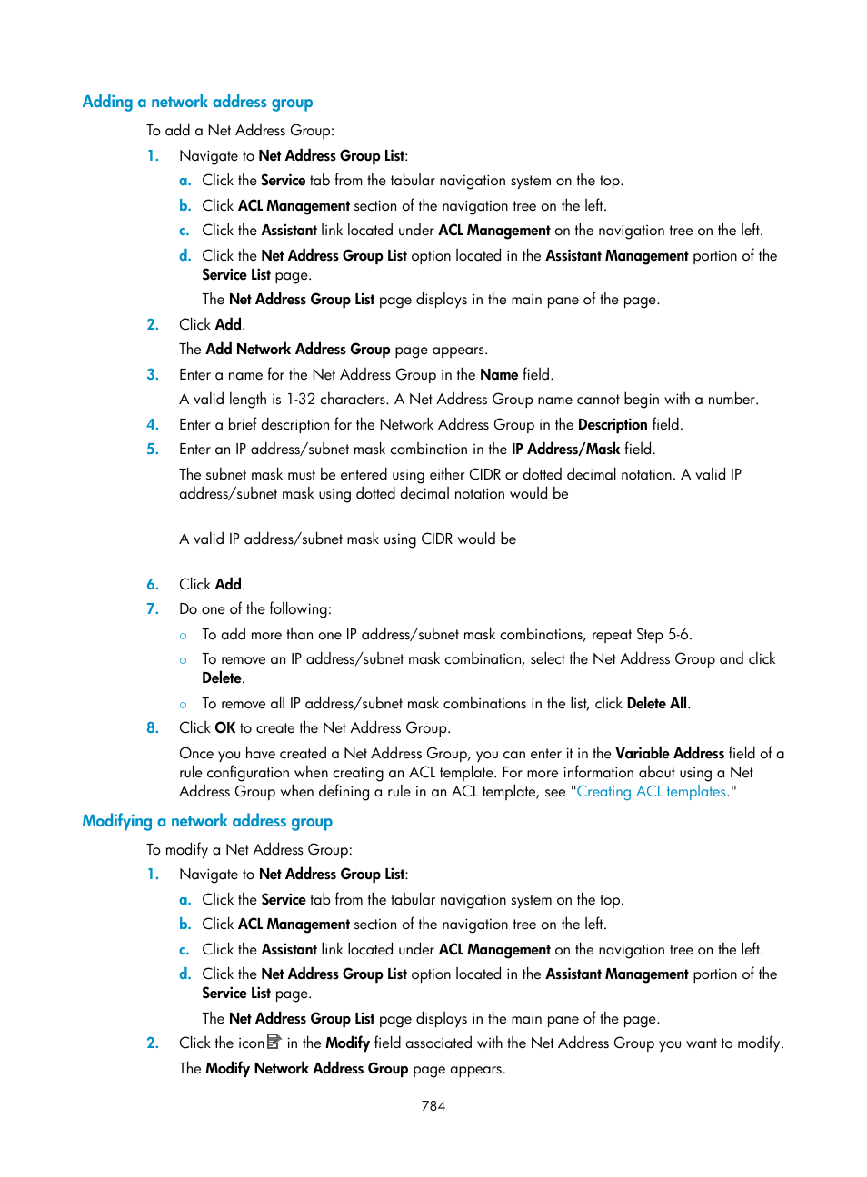 Adding a network address group, Modifying a network address group | H3C Technologies H3C Intelligent Management Center User Manual | Page 798 / 1065