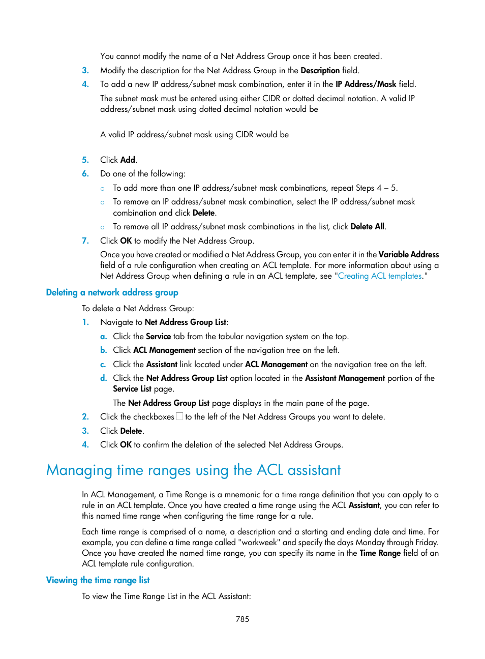 Deleting a network address group, Managing time ranges using the acl assistant, Viewing the time range list | H3C Technologies H3C Intelligent Management Center User Manual | Page 799 / 1065