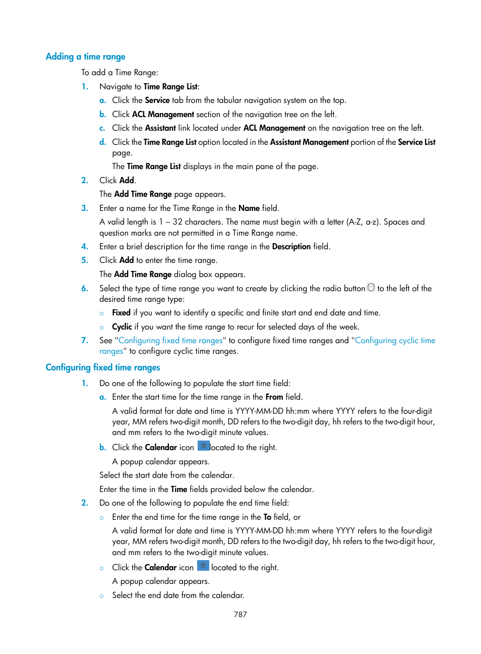 Adding a time range, Configuring fixed time ranges | H3C Technologies H3C Intelligent Management Center User Manual | Page 801 / 1065