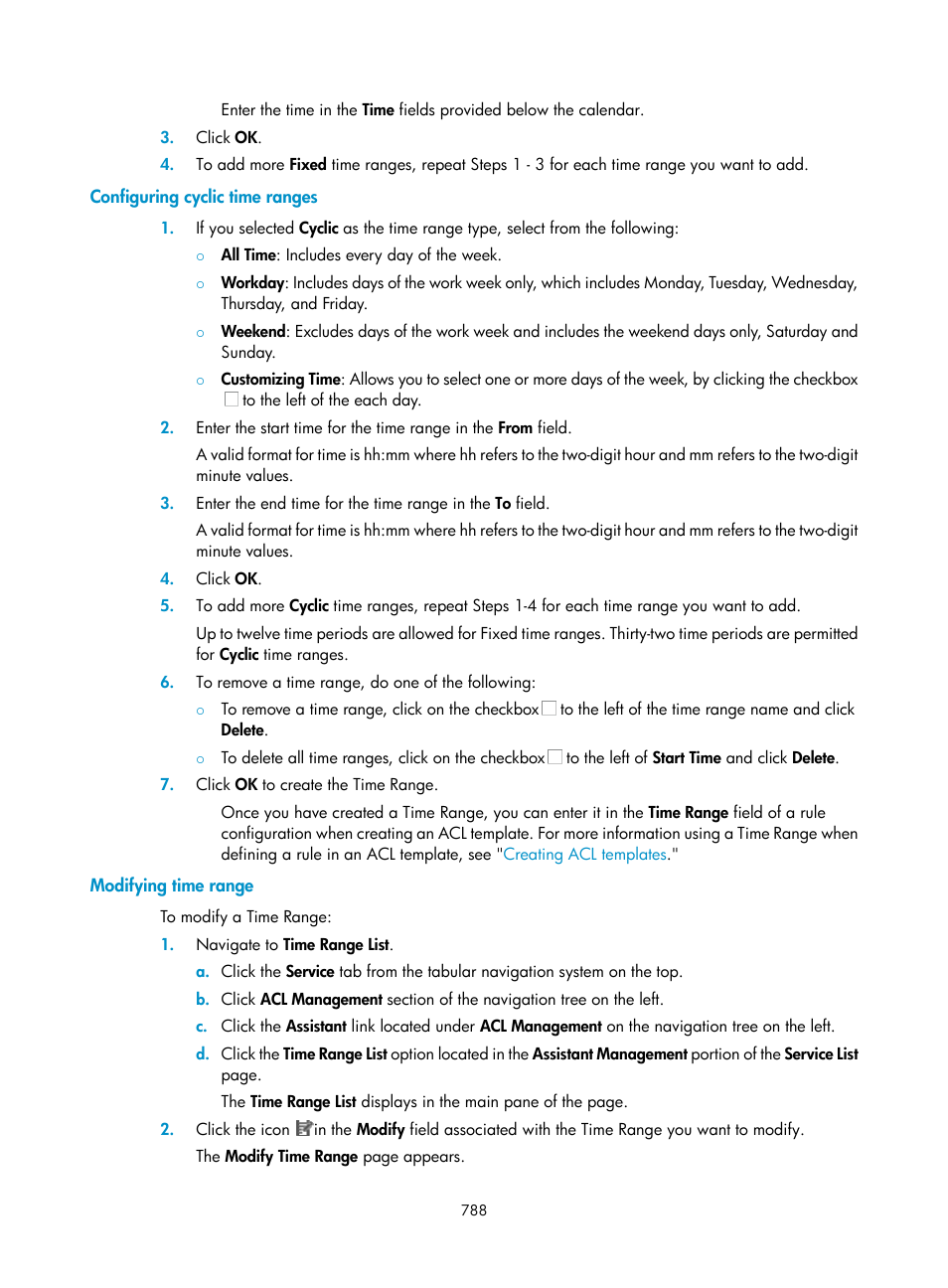 Configuring cyclic time ranges, Modifying time range, E fixed time ranges and | Configuring cyclic time, Ranges, To c | H3C Technologies H3C Intelligent Management Center User Manual | Page 802 / 1065
