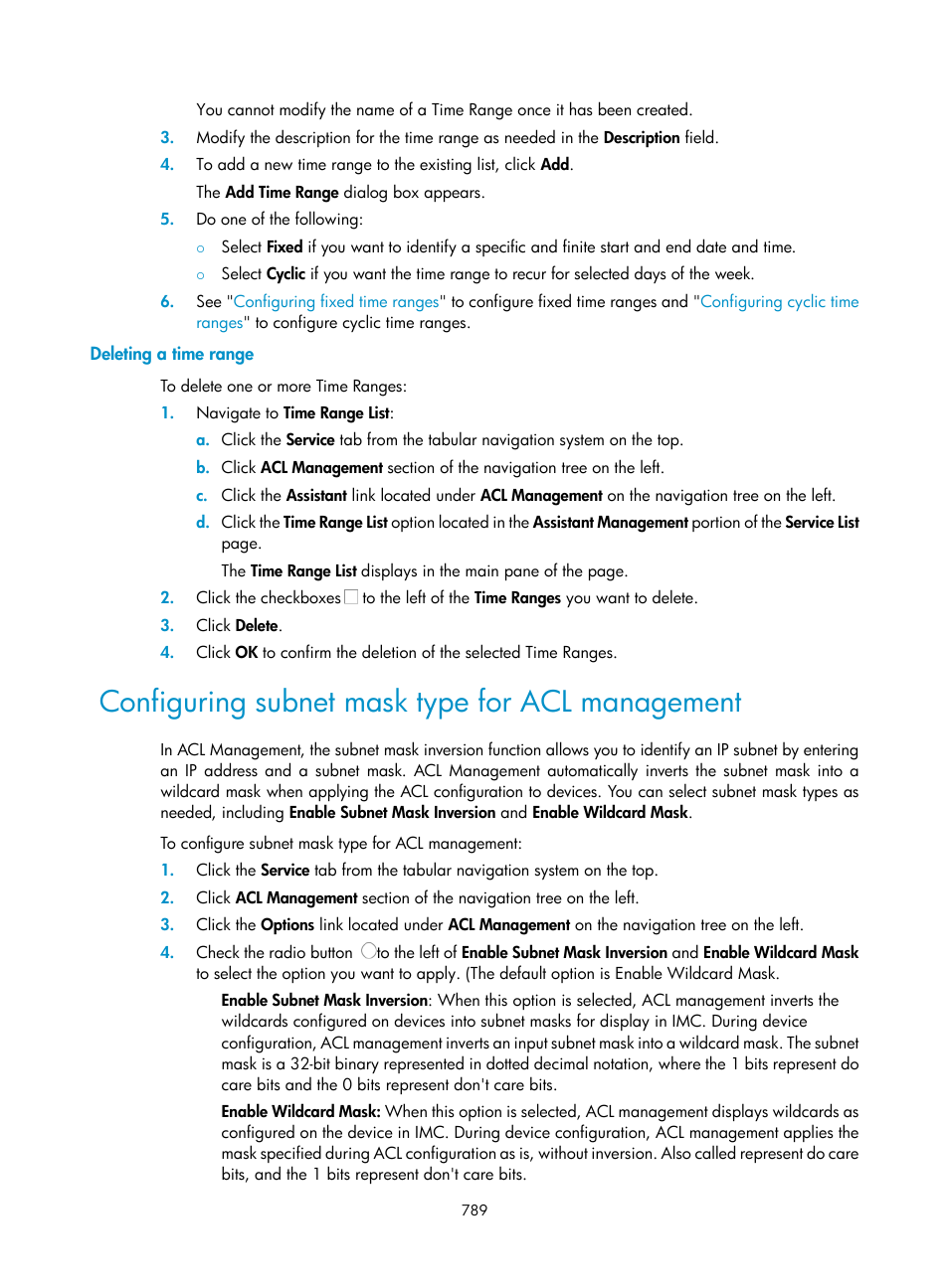 Deleting a time range, Configuring subnet mask type for acl management | H3C Technologies H3C Intelligent Management Center User Manual | Page 803 / 1065