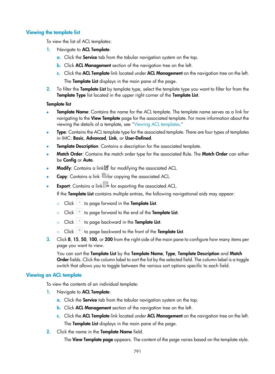 Viewing the template list, Viewing an acl template | H3C Technologies H3C Intelligent Management Center User Manual | Page 805 / 1065