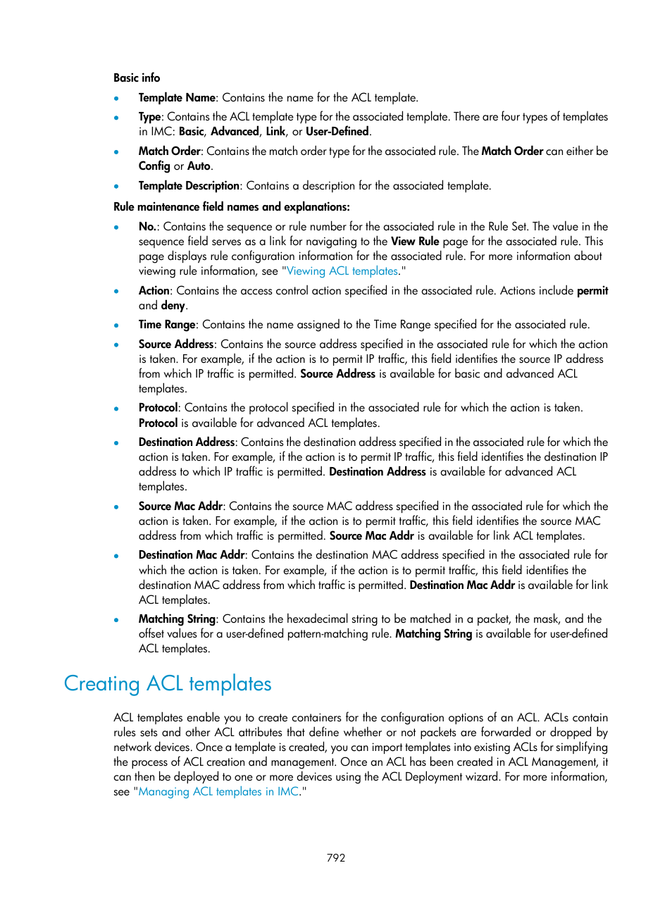 Creating acl templates, Le in an acl template, see, Creating acl | Templates | H3C Technologies H3C Intelligent Management Center User Manual | Page 806 / 1065