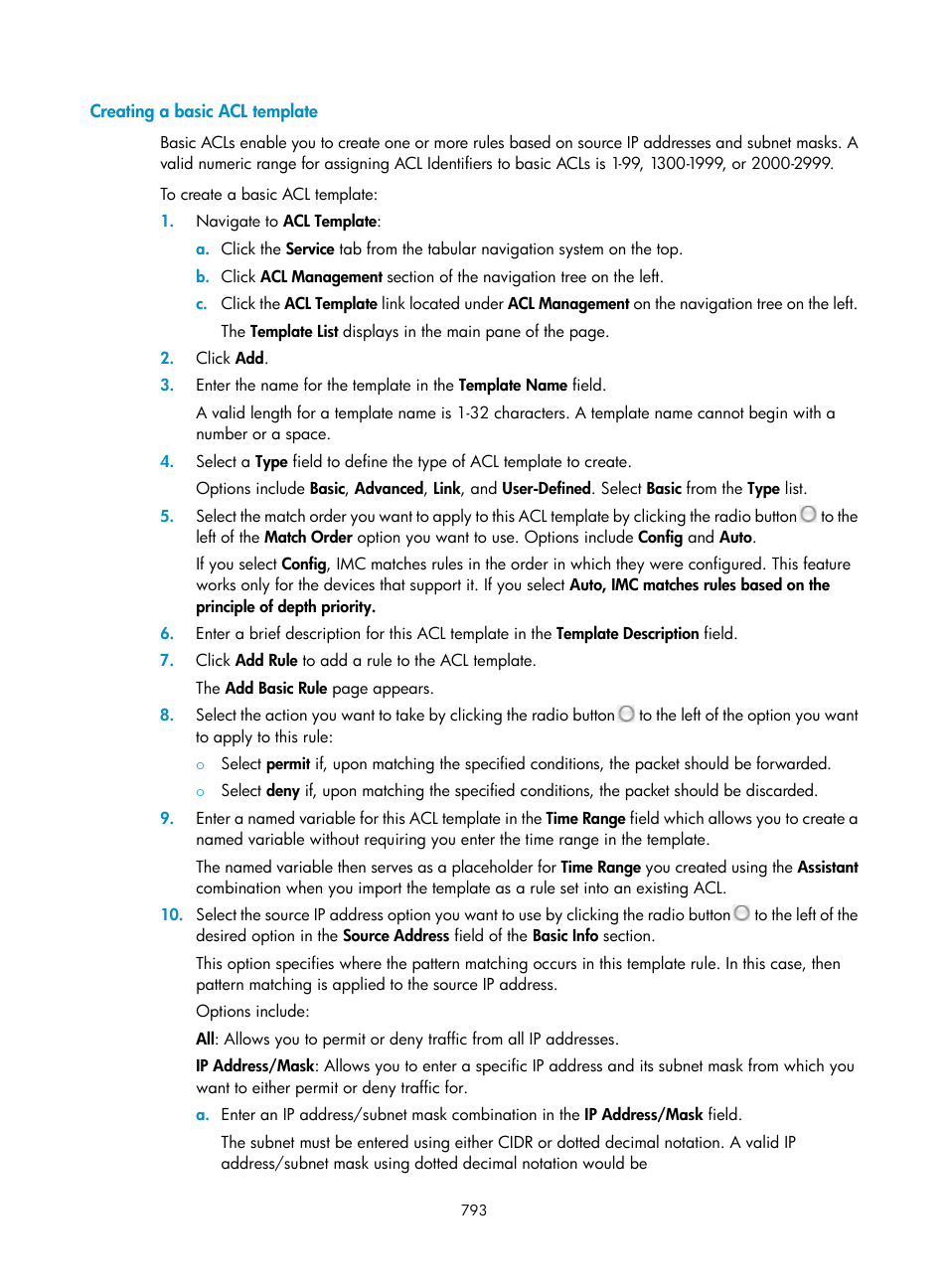 Creating a basic acl template | H3C Technologies H3C Intelligent Management Center User Manual | Page 807 / 1065