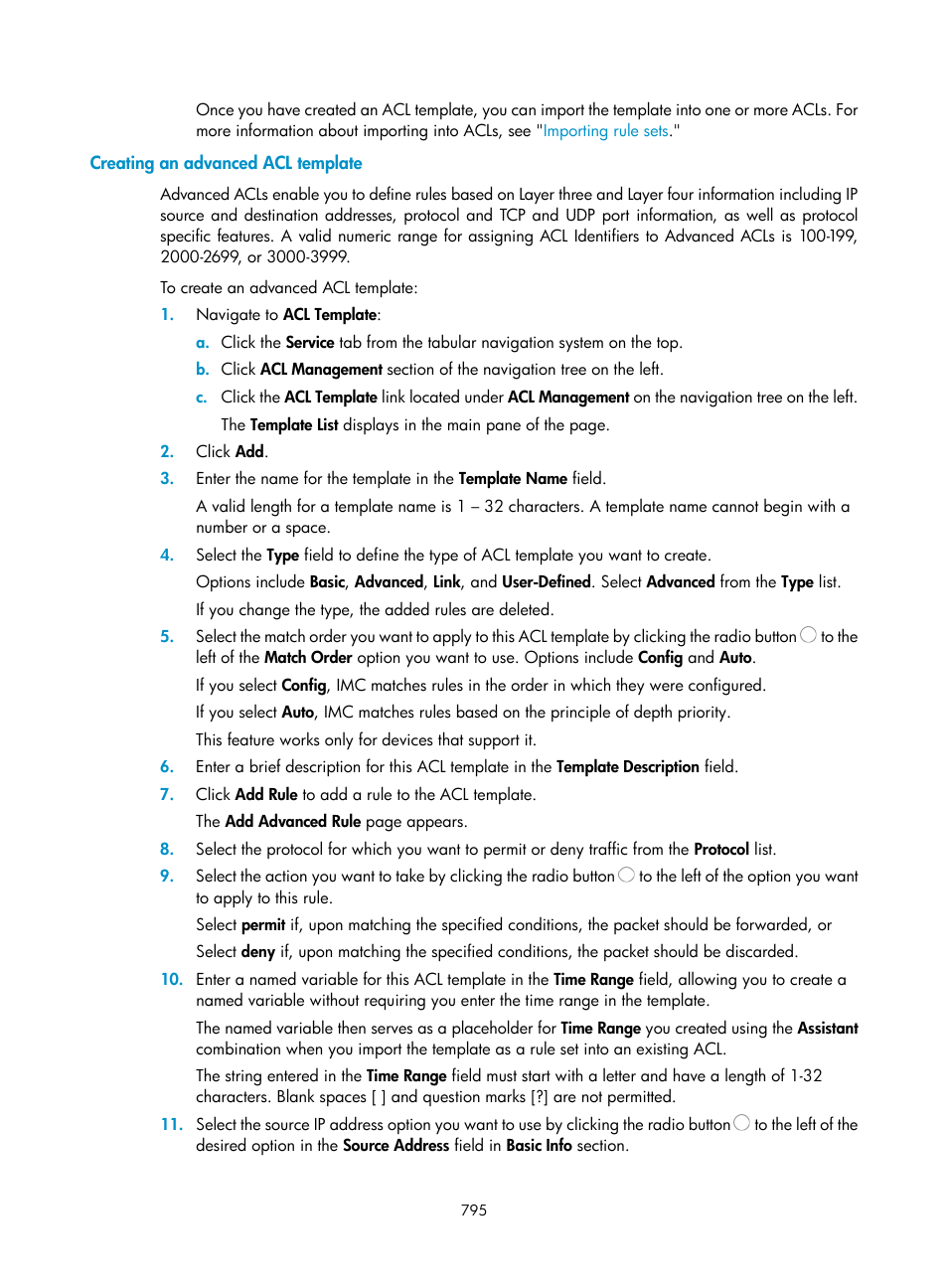 Creating an advanced acl template | H3C Technologies H3C Intelligent Management Center User Manual | Page 809 / 1065