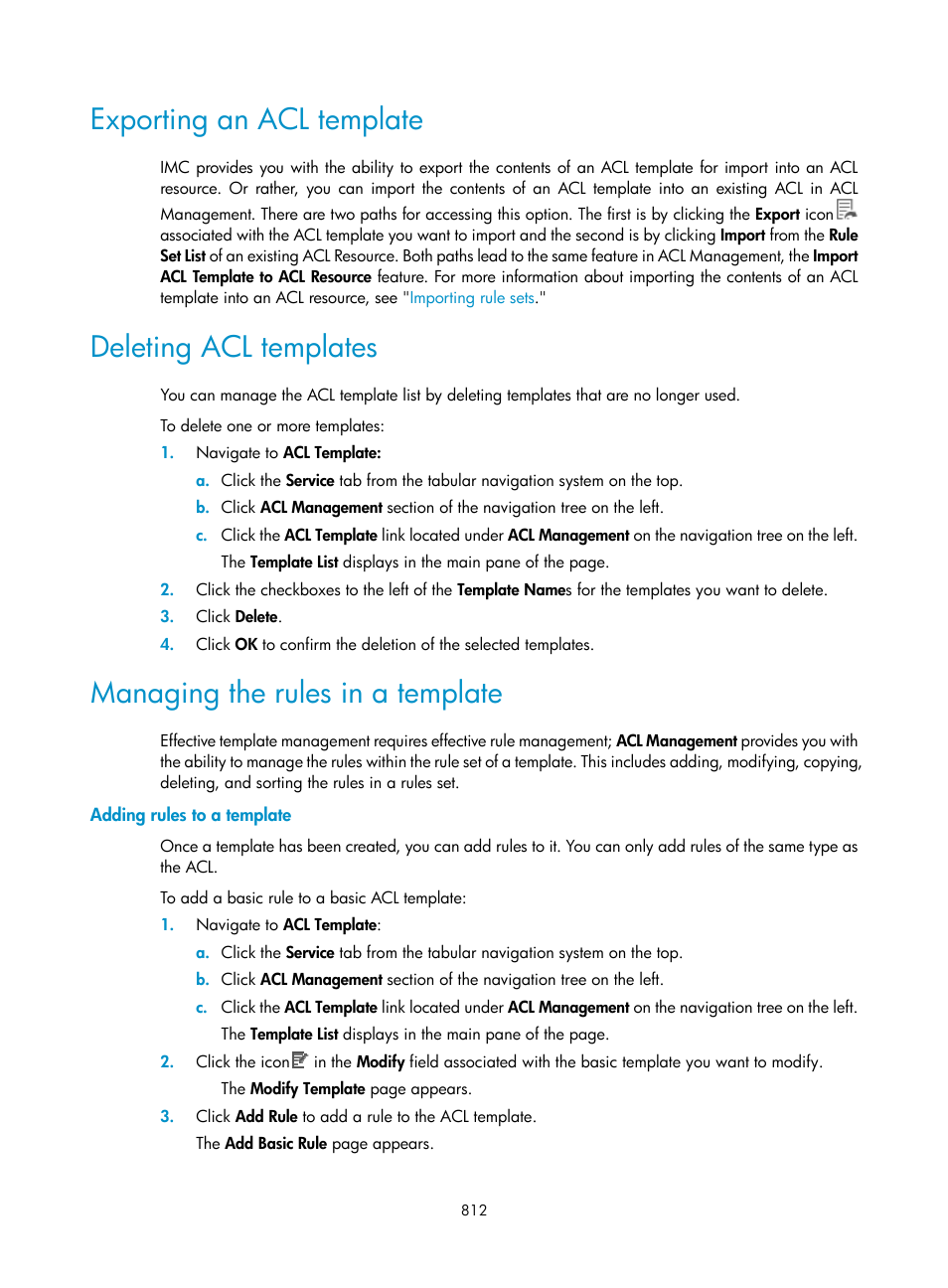 Exporting an acl template, Deleting acl templates, Managing the rules in a template | Adding rules to a template | H3C Technologies H3C Intelligent Management Center User Manual | Page 826 / 1065