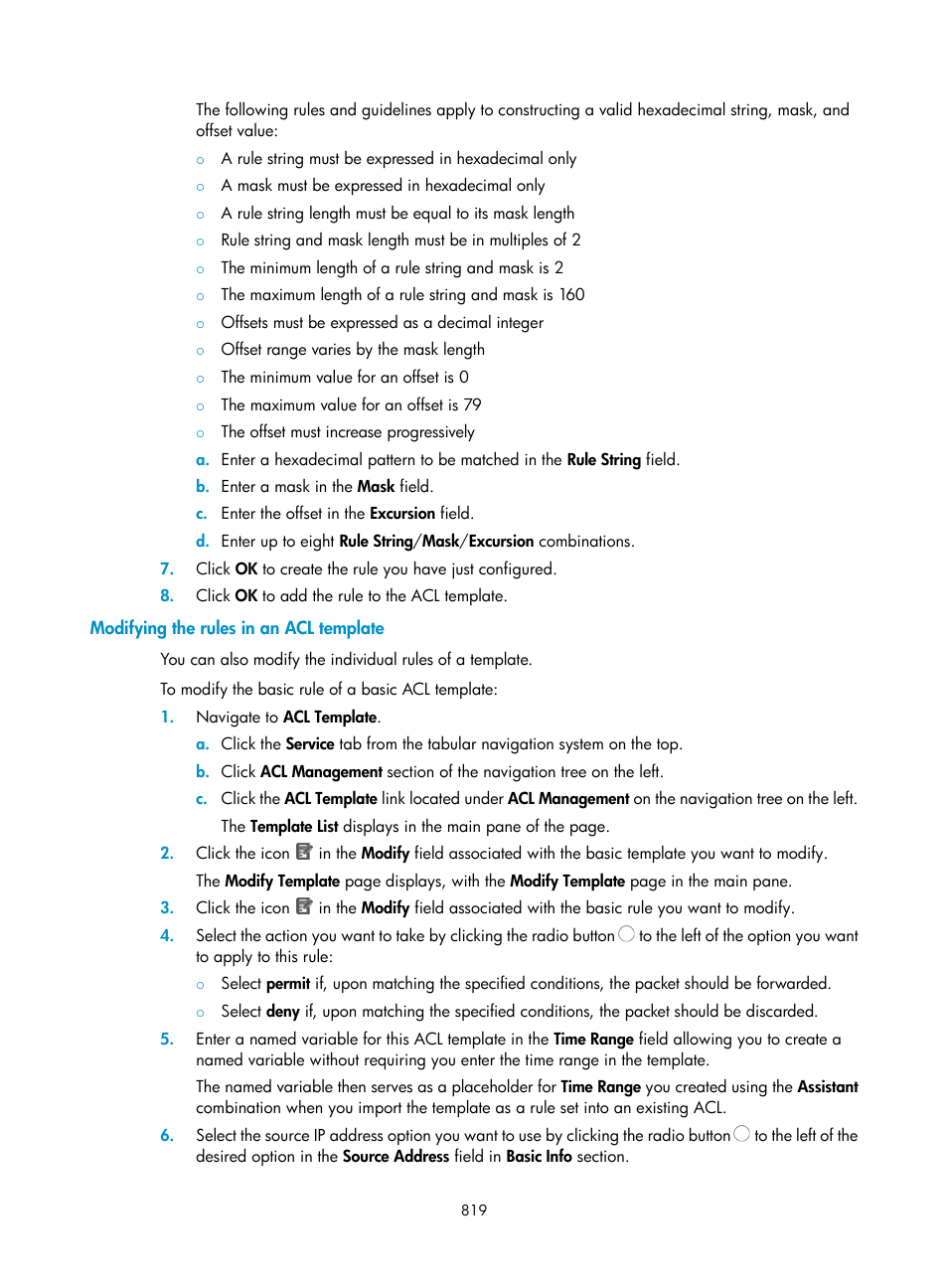 Modifying the rules in an acl template, Modifying, The rules in an acl template | H3C Technologies H3C Intelligent Management Center User Manual | Page 833 / 1065