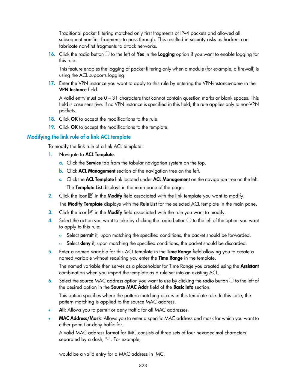 Modifying the link rule of a link acl template | H3C Technologies H3C Intelligent Management Center User Manual | Page 837 / 1065