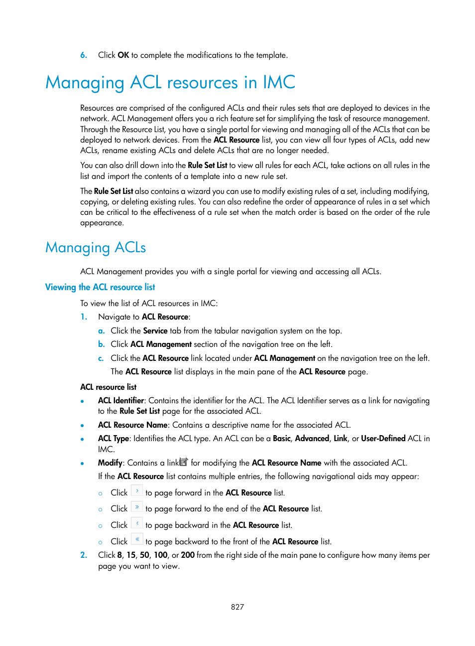 Managing acl resources in imc, Managing acls, Viewing the acl resource list | H3C Technologies H3C Intelligent Management Center User Manual | Page 841 / 1065