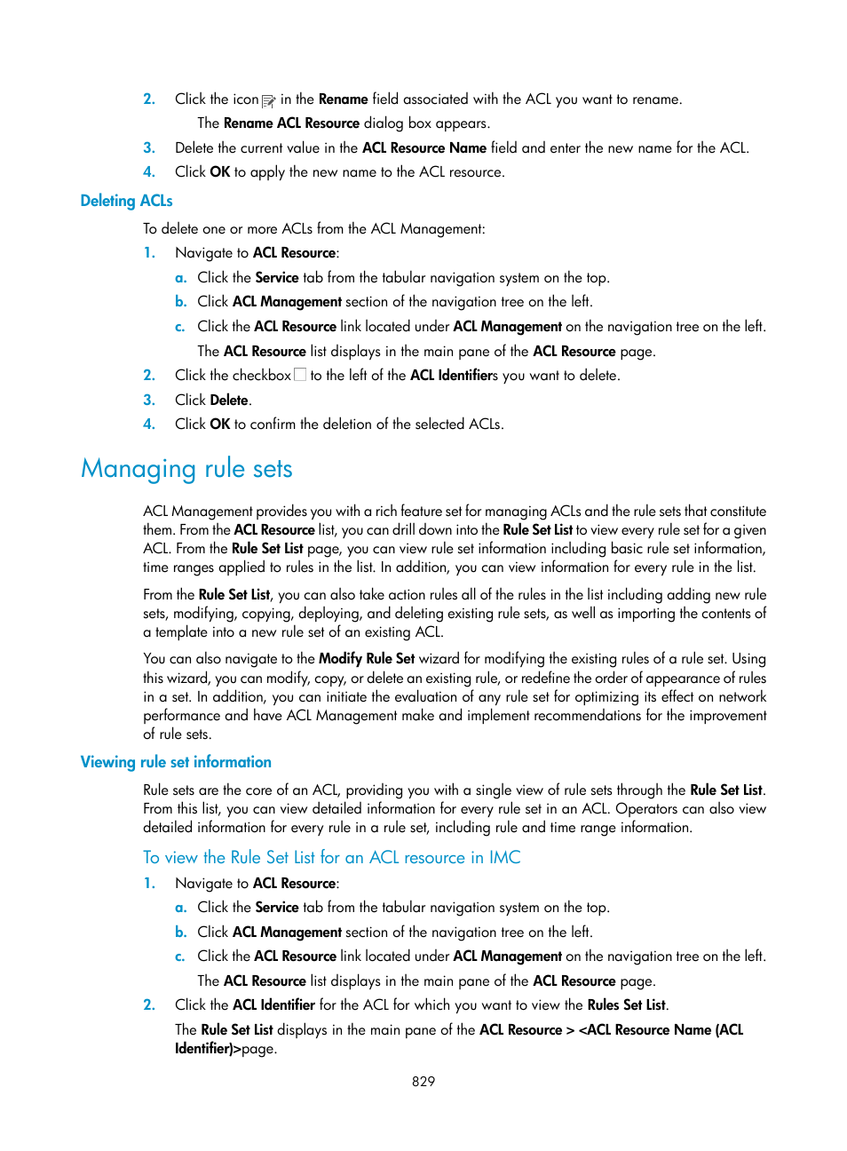 Deleting acls, Managing rule sets, Viewing rule set information | H3C Technologies H3C Intelligent Management Center User Manual | Page 843 / 1065