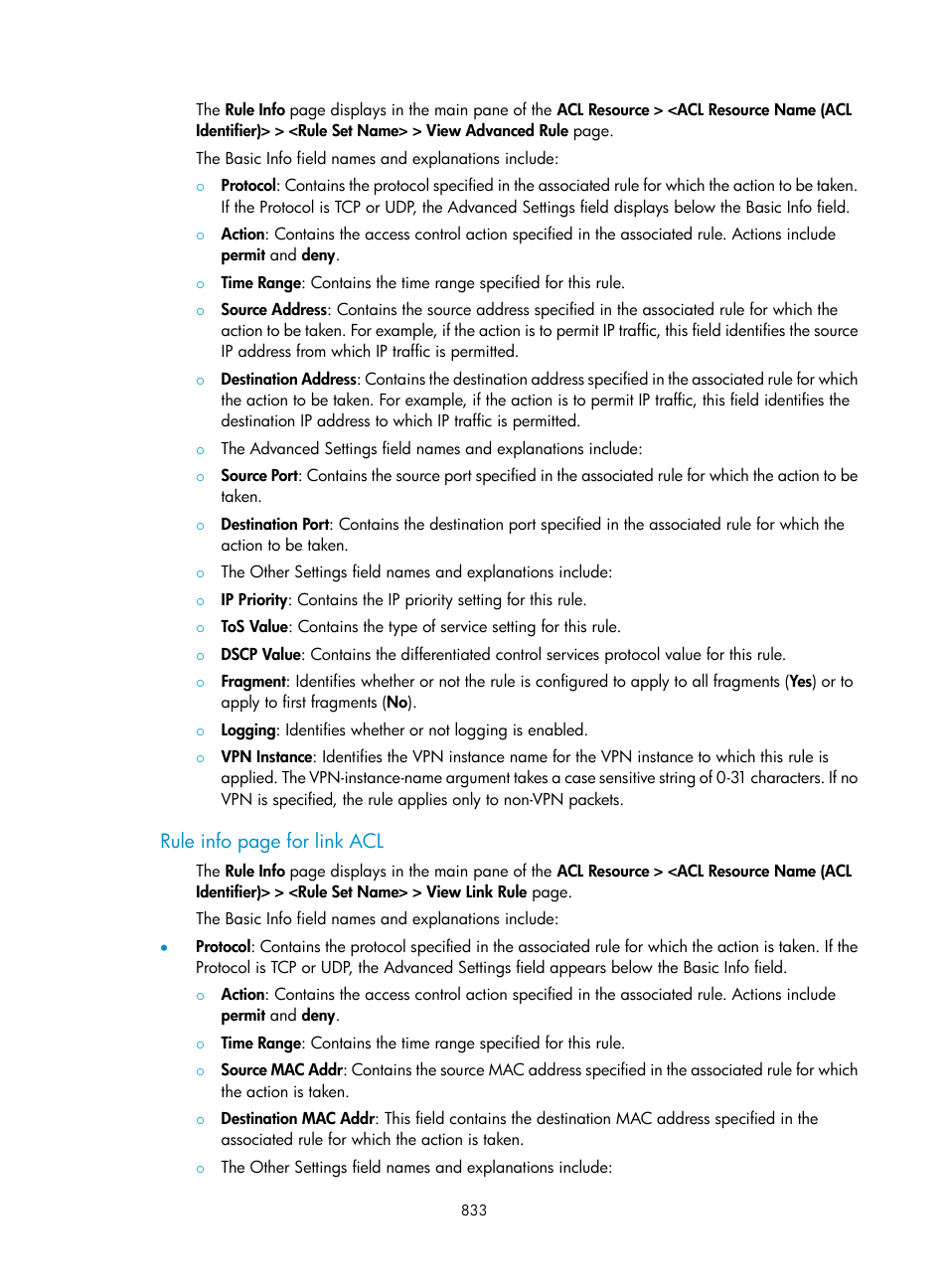 Rule info page for link acl | H3C Technologies H3C Intelligent Management Center User Manual | Page 847 / 1065