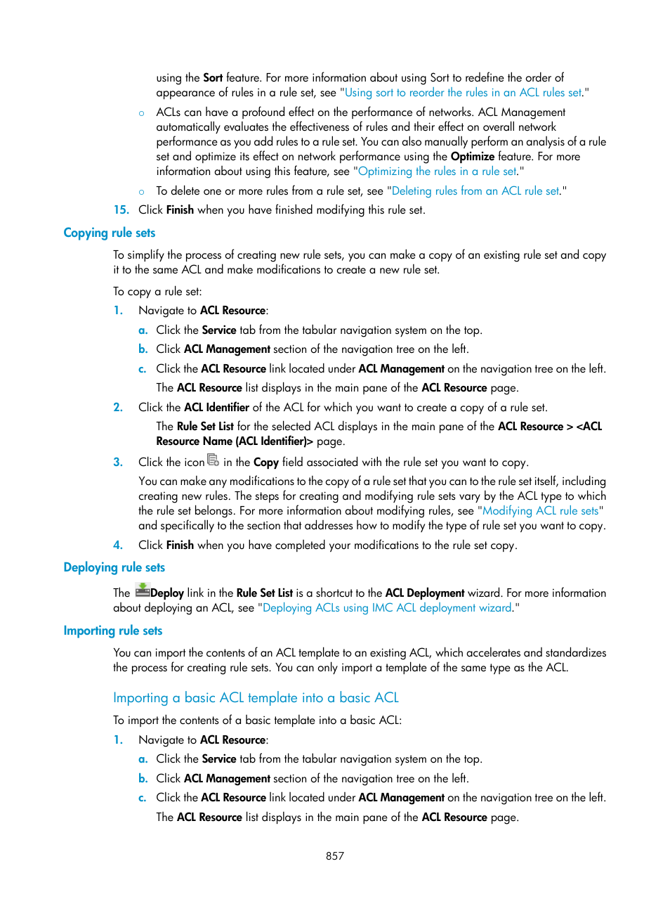 Copying rule sets, Deploying rule sets, Importing rule sets | Importing a basic acl template into a basic acl | H3C Technologies H3C Intelligent Management Center User Manual | Page 871 / 1065