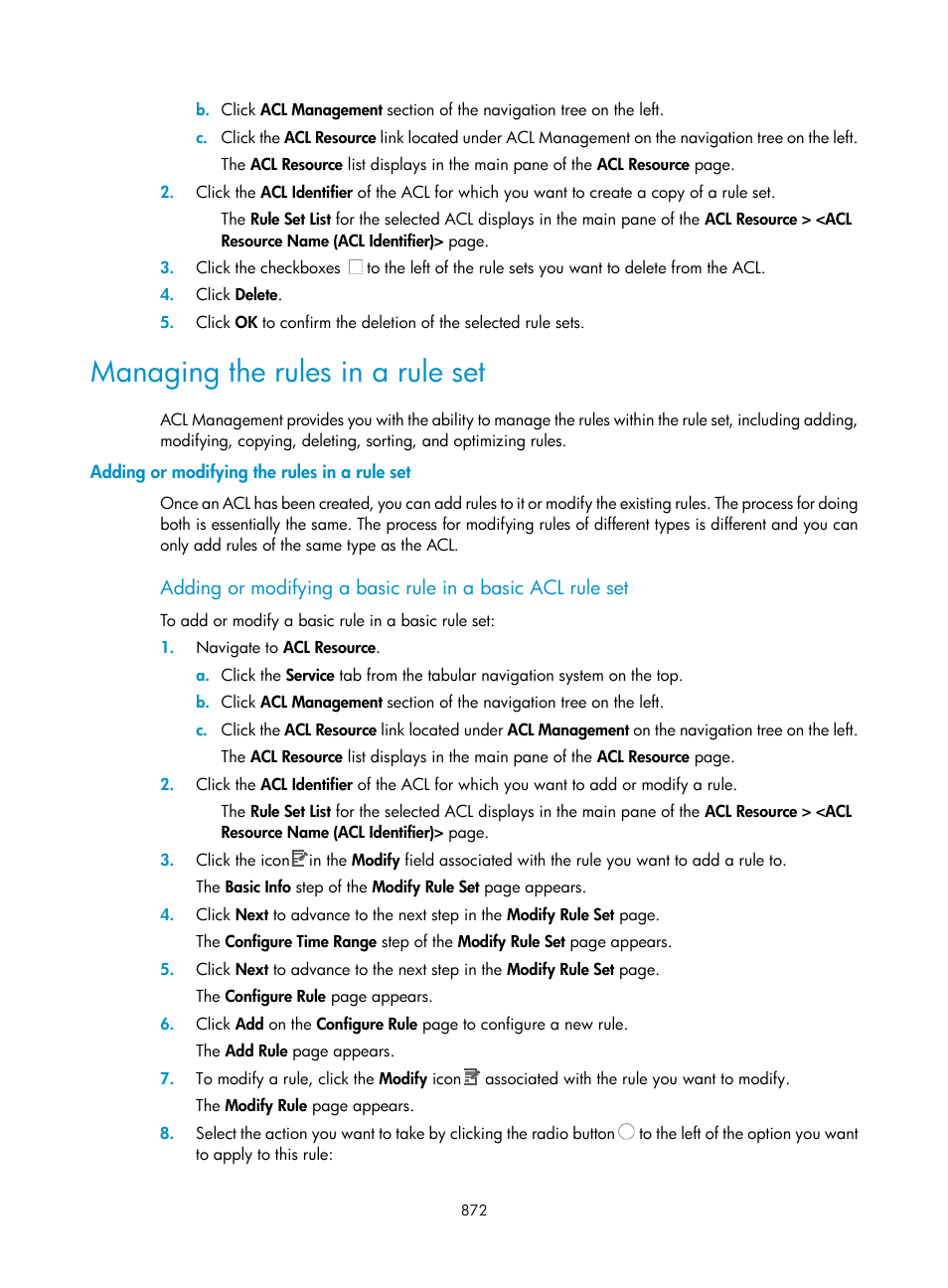 Managing the rules in a rule set, Adding or modifying the rules in a rule set, Adding or | Modifying a basic rule in a basic acl rule set, Adding or modifying a, Basic rule in a basic acl rule set, And spec | H3C Technologies H3C Intelligent Management Center User Manual | Page 886 / 1065
