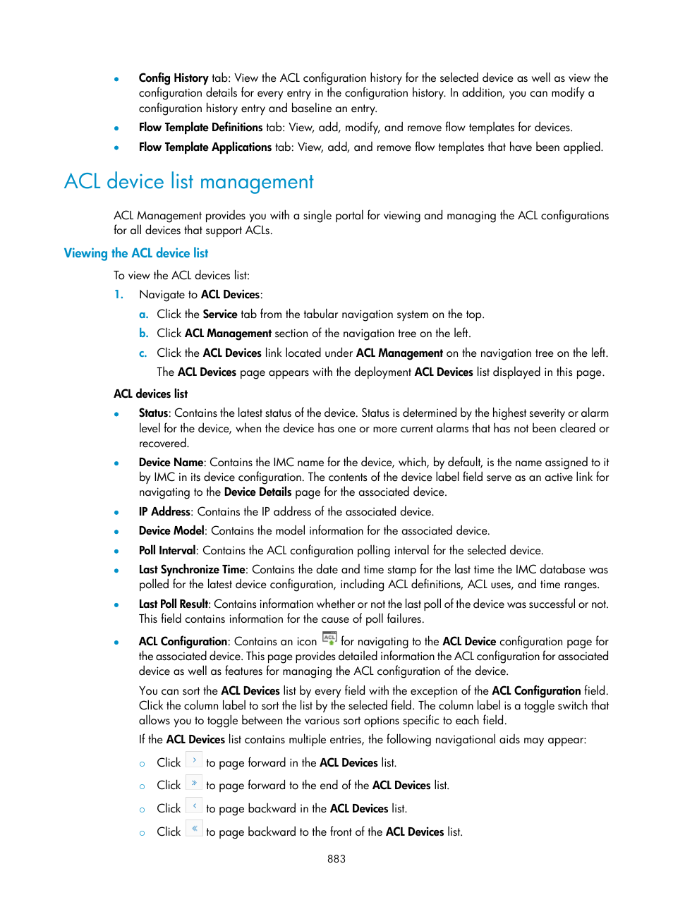 Acl device list management, Viewing the acl device list | H3C Technologies H3C Intelligent Management Center User Manual | Page 897 / 1065