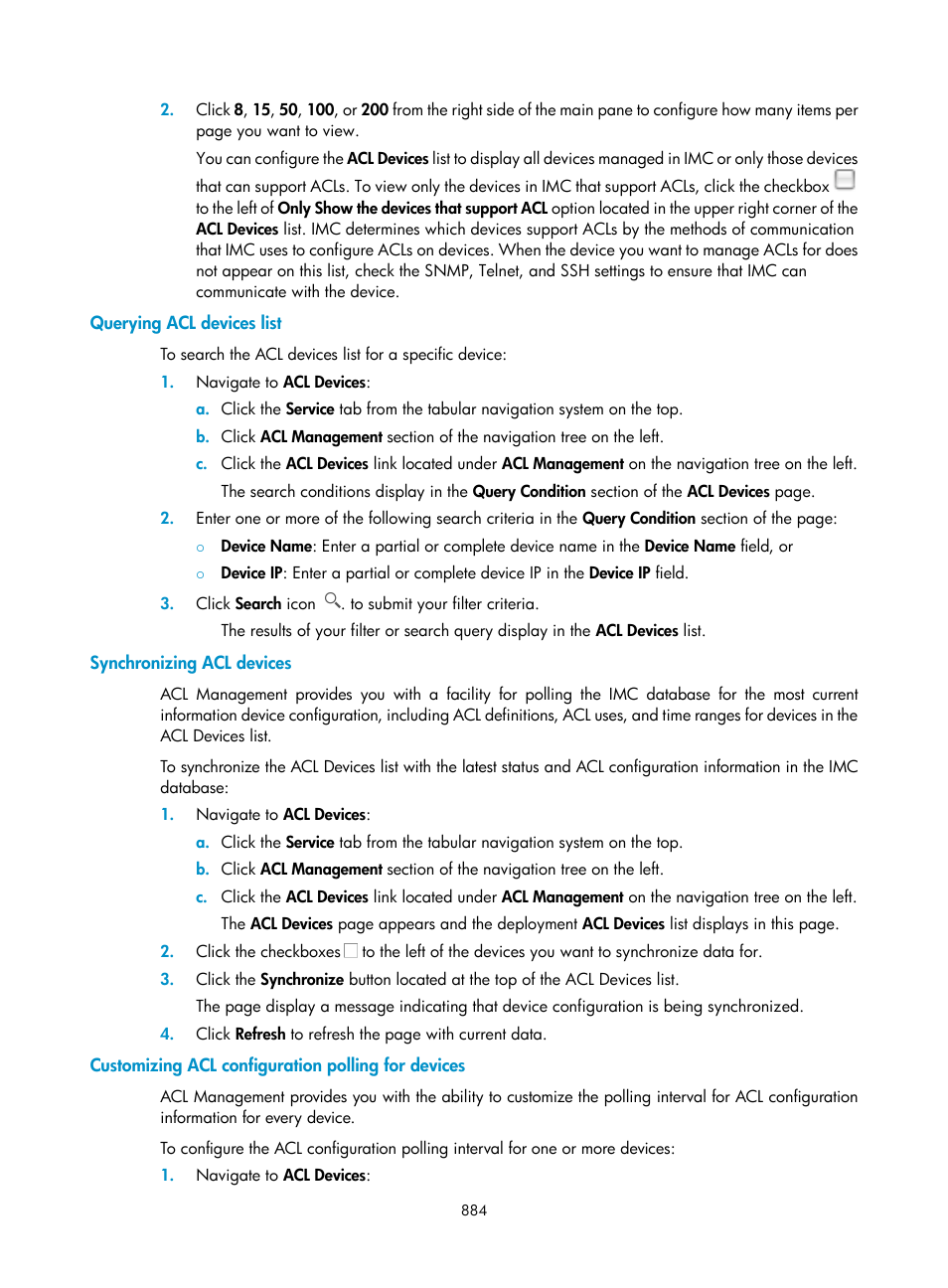 Querying acl devices list, Synchronizing acl devices, Customizing acl configuration polling for devices | H3C Technologies H3C Intelligent Management Center User Manual | Page 898 / 1065