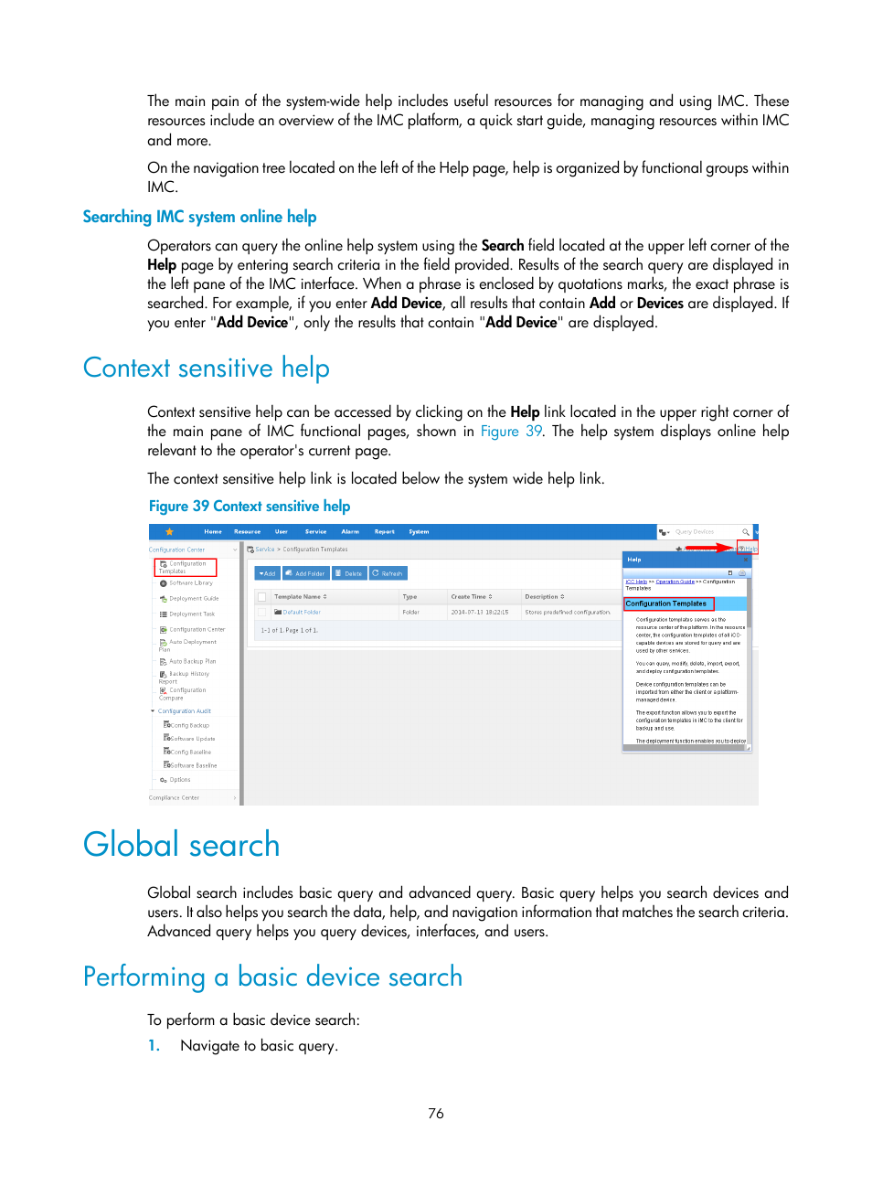 Searching imc system online help, Context sensitive help, Global search | Performing a basic device search | H3C Technologies H3C Intelligent Management Center User Manual | Page 90 / 1065