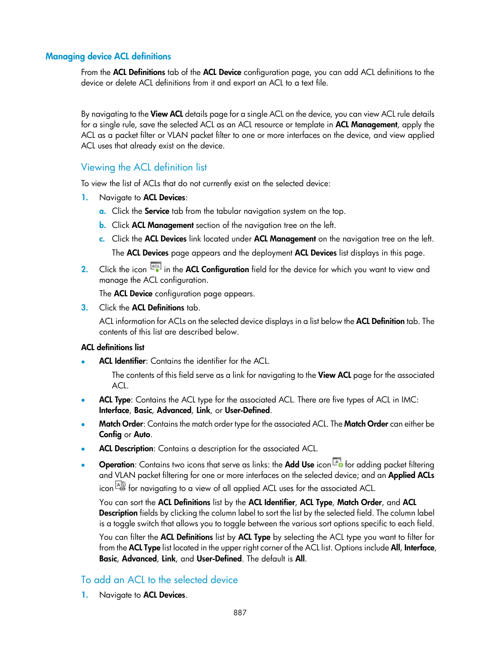 Managing device acl definitions, Viewing the acl definition list, To add an acl to the selected device | H3C Technologies H3C Intelligent Management Center User Manual | Page 901 / 1065