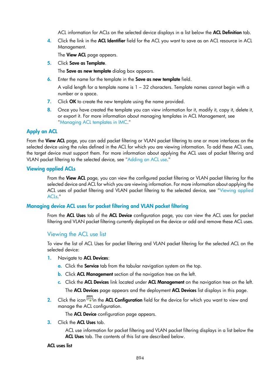 Apply an acl, Viewing applied acls, Viewing the acl use list | H3C Technologies H3C Intelligent Management Center User Manual | Page 908 / 1065