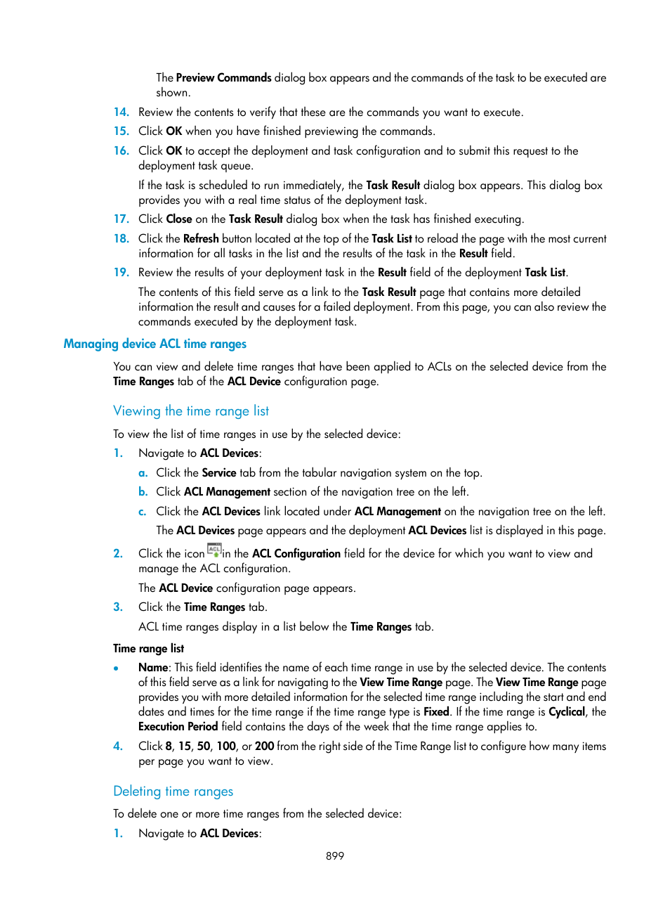 Managing device acl time ranges, Viewing the time range list, Deleting time ranges | Viewing the time, Range list | H3C Technologies H3C Intelligent Management Center User Manual | Page 913 / 1065