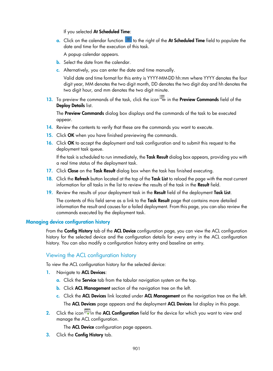 Managing device configuration history, Viewing the acl configuration history | H3C Technologies H3C Intelligent Management Center User Manual | Page 915 / 1065