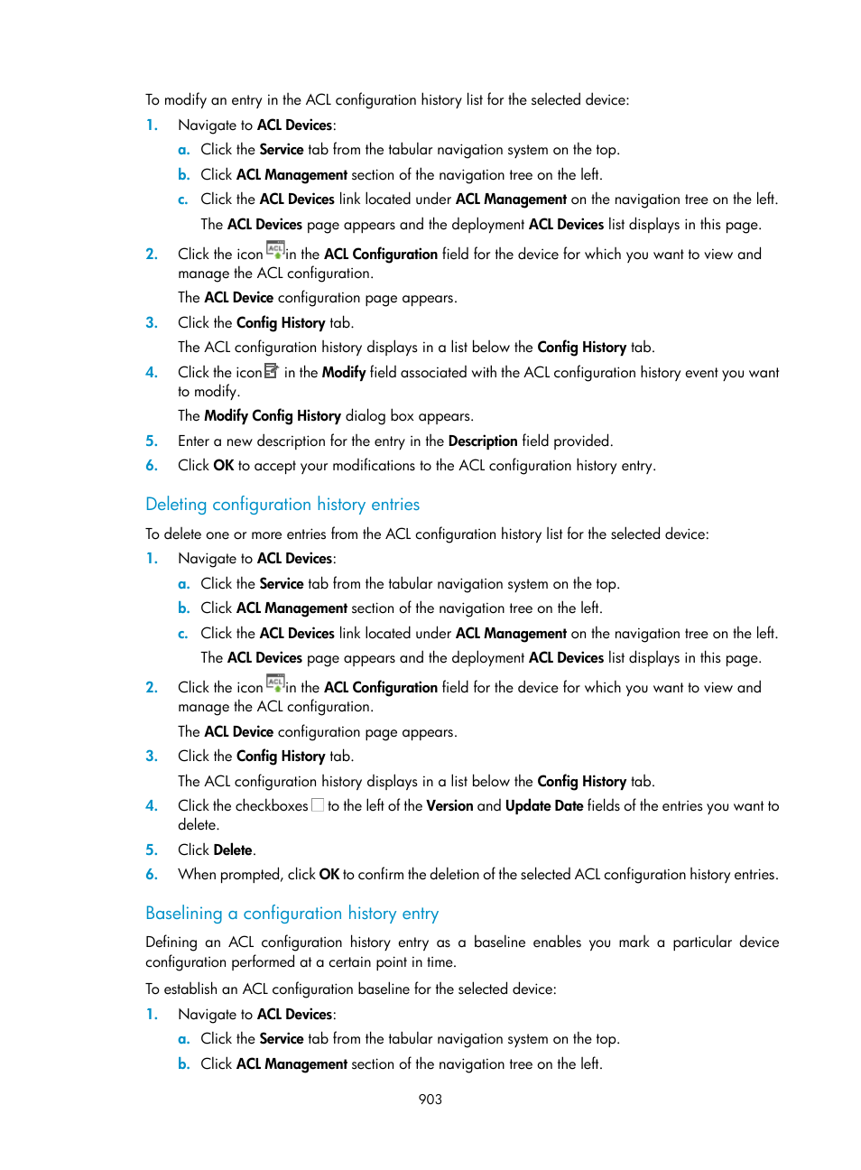 Deleting configuration history entries, Baselining a configuration history entry | H3C Technologies H3C Intelligent Management Center User Manual | Page 917 / 1065