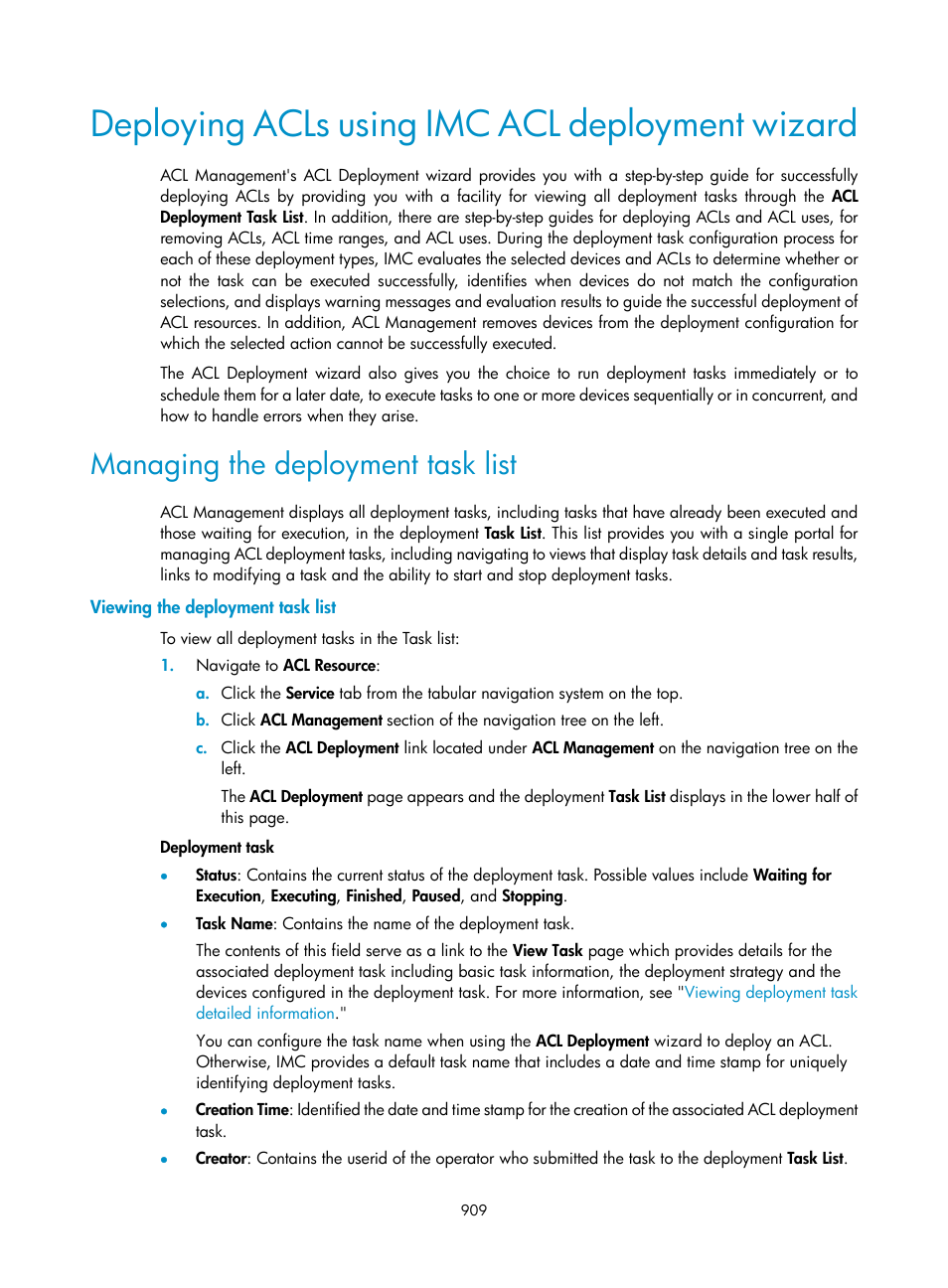 Deploying acls using imc acl deployment wizard, Managing the deployment task list, Viewing the deployment task list | H3C Technologies H3C Intelligent Management Center User Manual | Page 923 / 1065