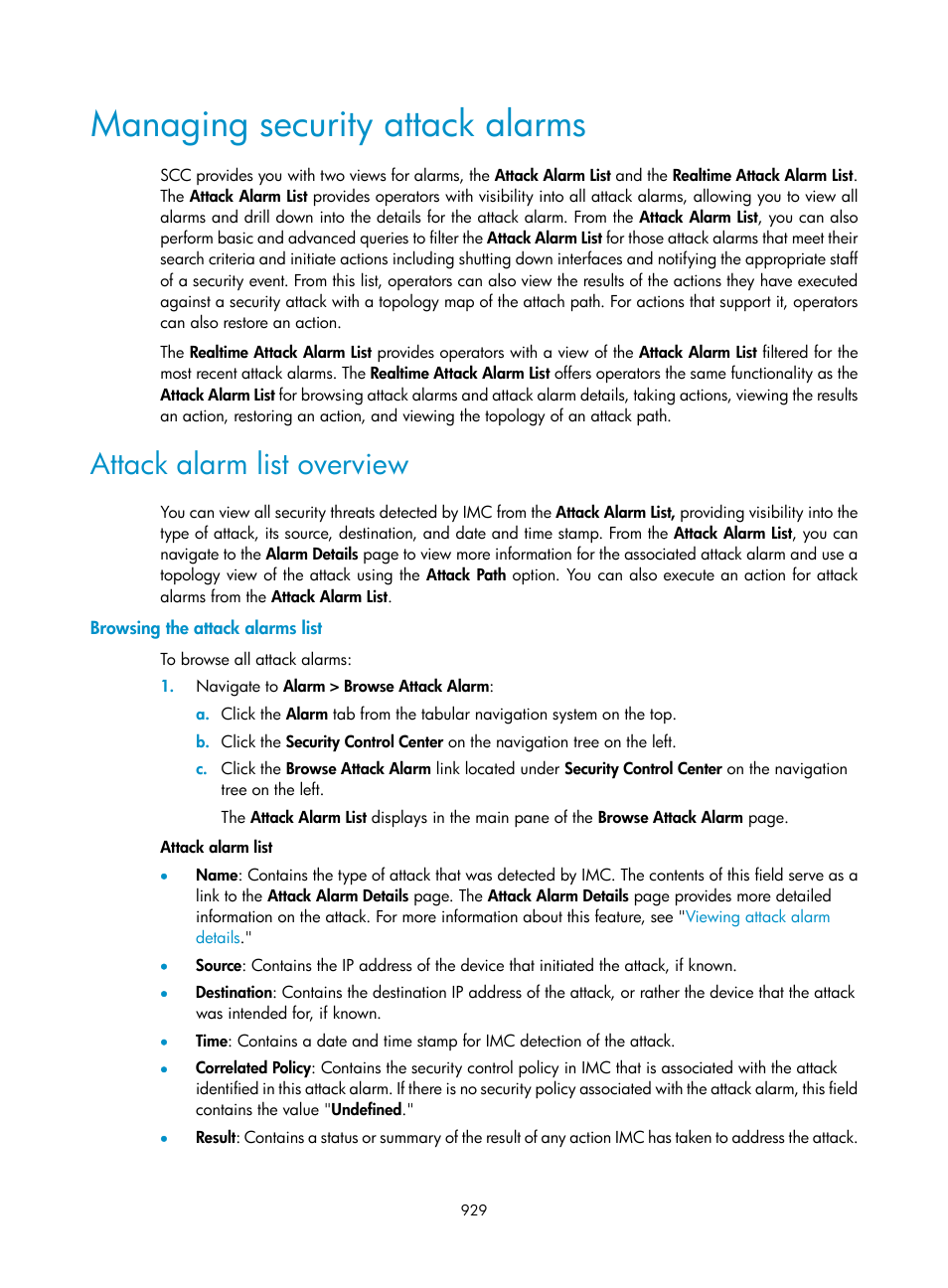 Managing security attack alarms, Attack alarm list overview, Browsing the attack alarms list | H3C Technologies H3C Intelligent Management Center User Manual | Page 943 / 1065