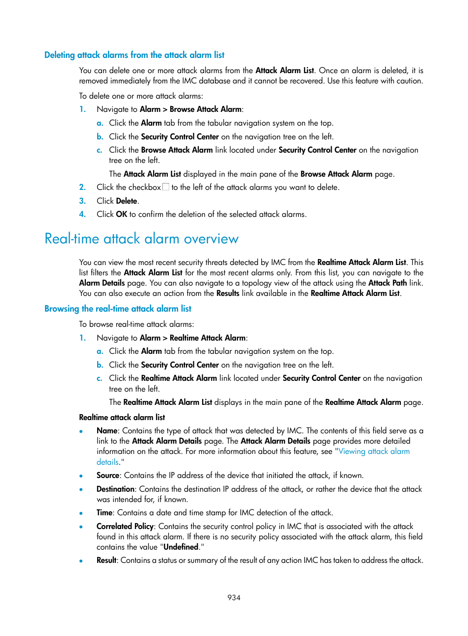 Deleting attack alarms from the attack alarm list, Real-time attack alarm overview, Browsing the real-time attack alarm list | H3C Technologies H3C Intelligent Management Center User Manual | Page 948 / 1065