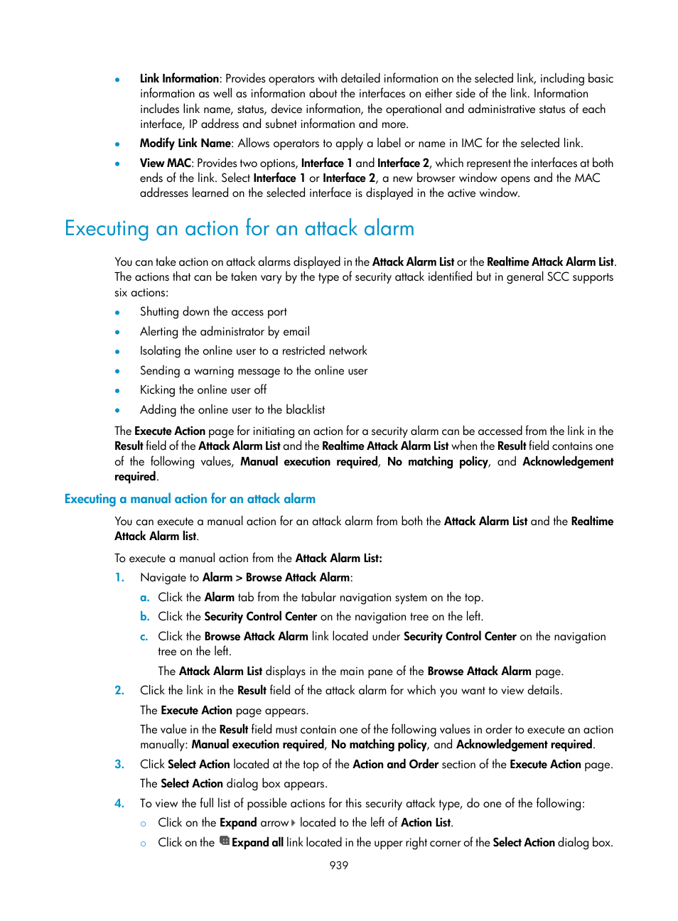 Executing an action for an attack alarm, Executing a manual action for an attack alarm | H3C Technologies H3C Intelligent Management Center User Manual | Page 953 / 1065
