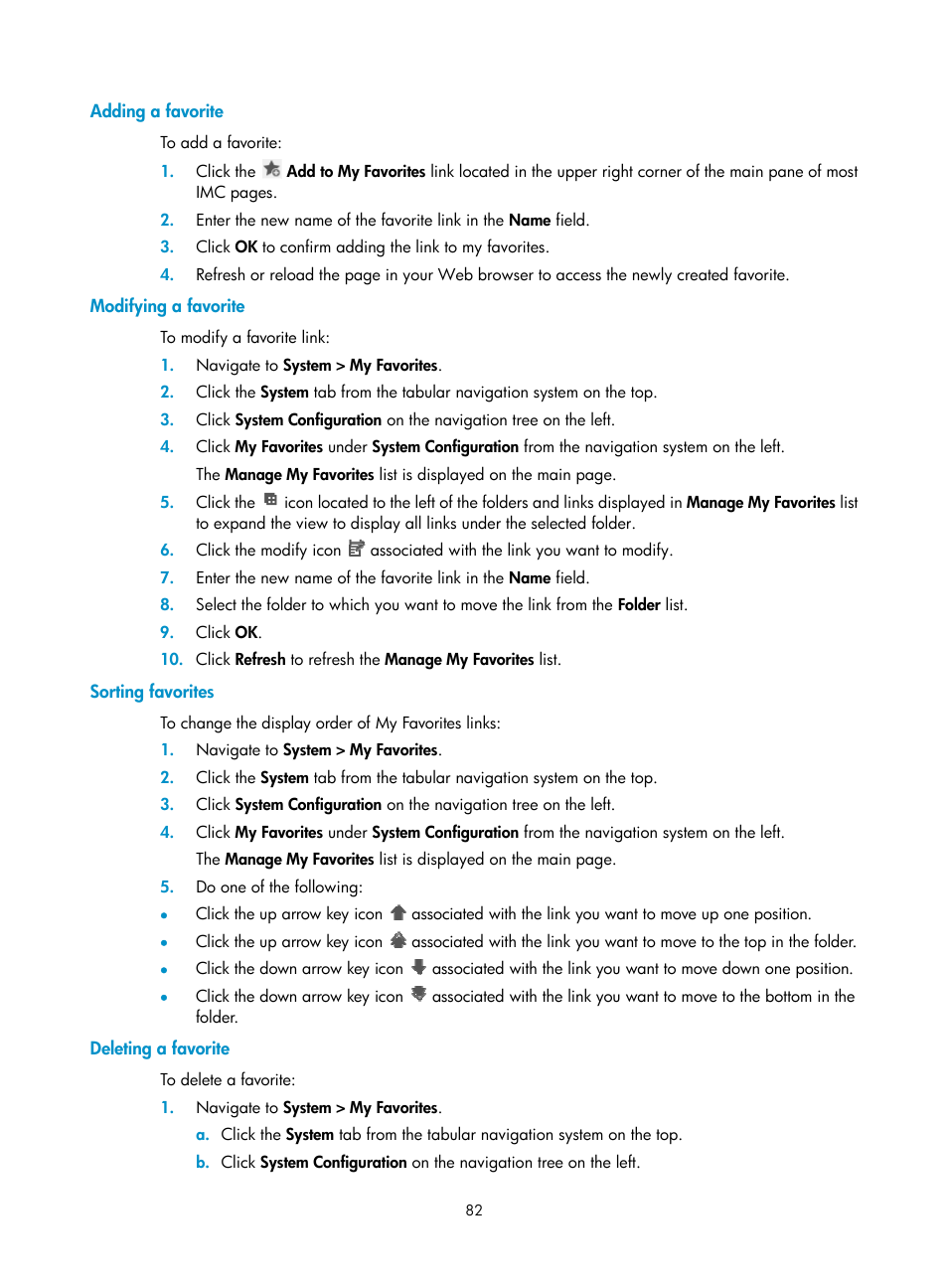 Adding a favorite, Modifying a favorite, Sorting favorites | Deleting a favorite | H3C Technologies H3C Intelligent Management Center User Manual | Page 96 / 1065