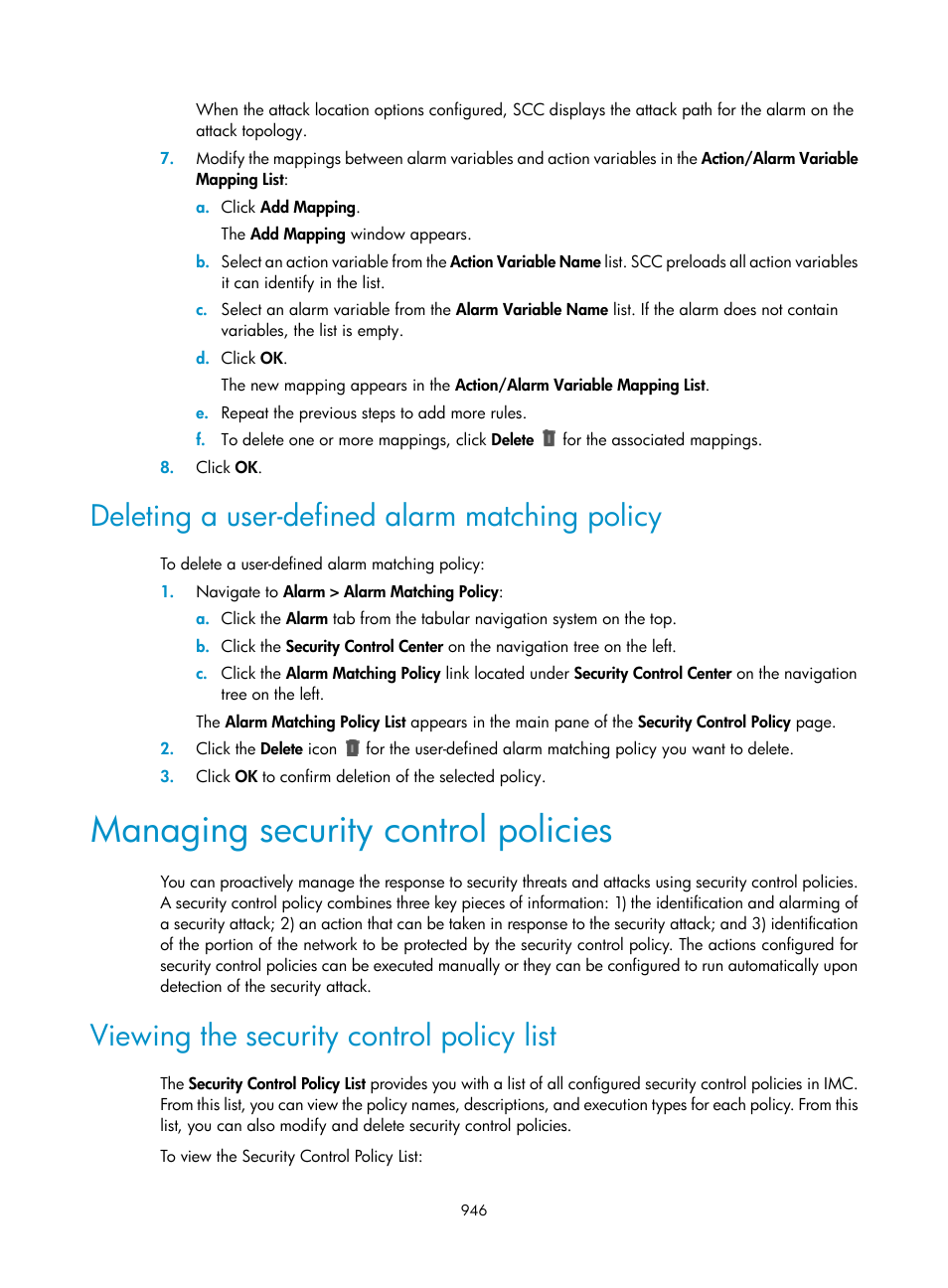Deleting a user-defined alarm matching policy, Managing security control policies, Viewing the security control policy list | H3C Technologies H3C Intelligent Management Center User Manual | Page 960 / 1065