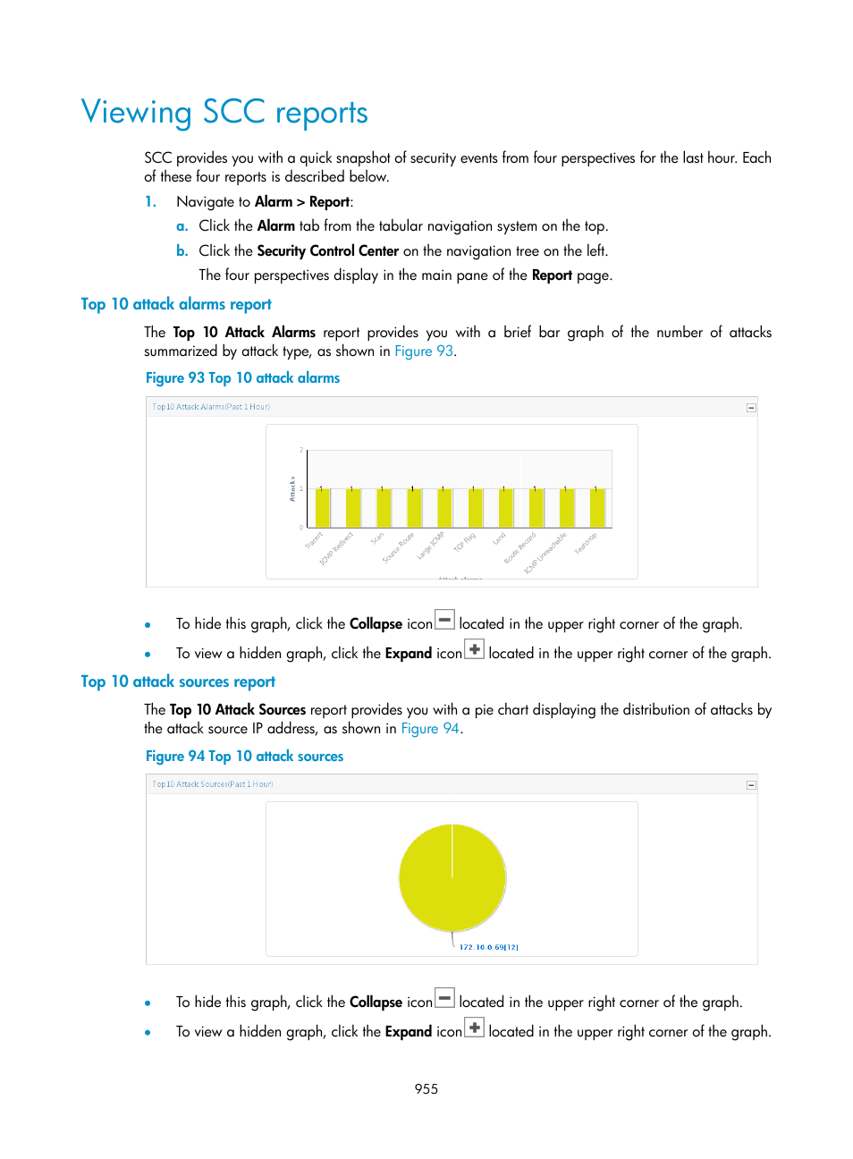 Viewing scc reports, Top 10 attack alarms report, Top 10 attack sources report | H3C Technologies H3C Intelligent Management Center User Manual | Page 969 / 1065