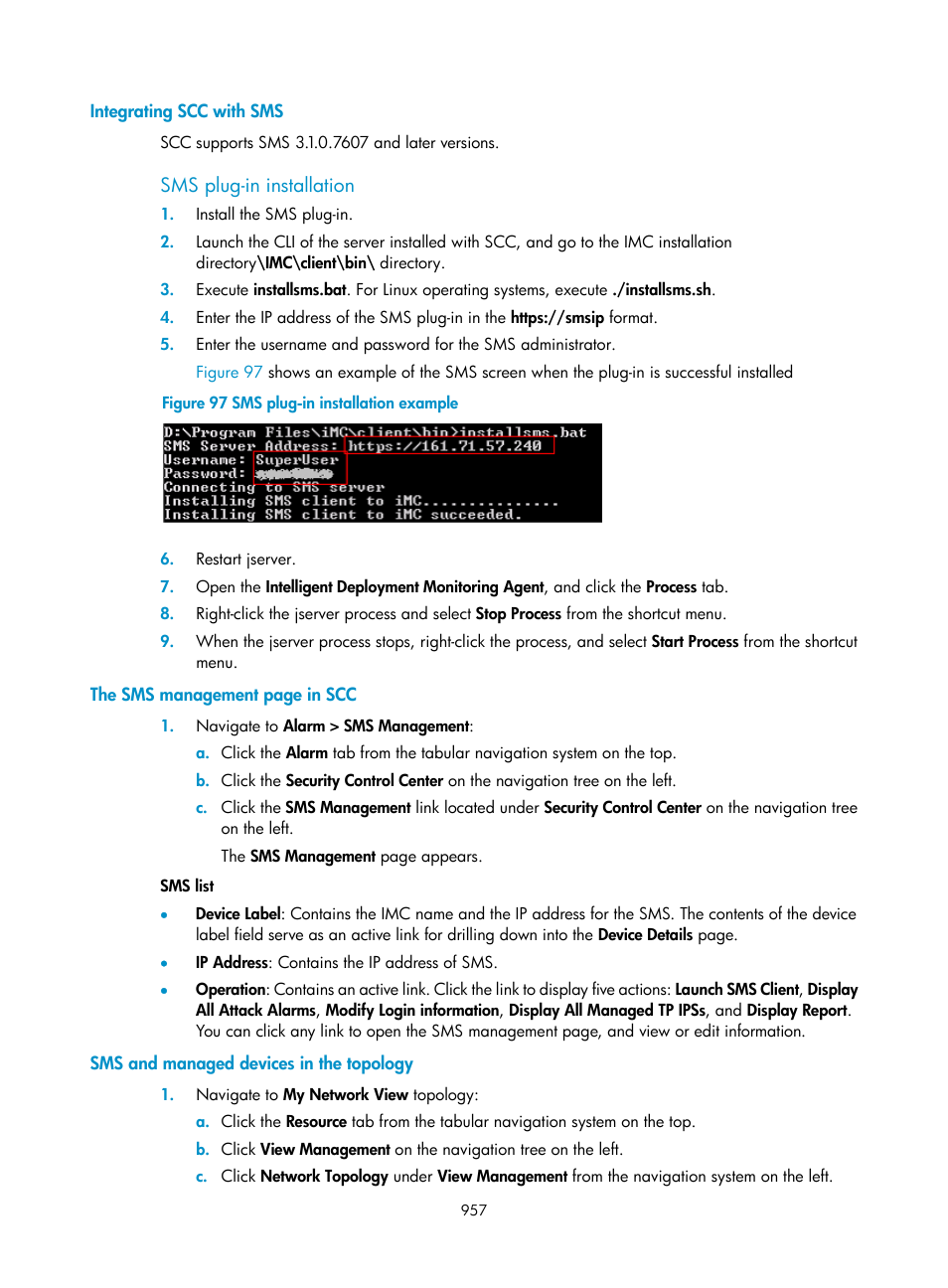 Integrating scc with sms, Sms plug-in installation, Sms and managed devices in the topology | H3C Technologies H3C Intelligent Management Center User Manual | Page 971 / 1065