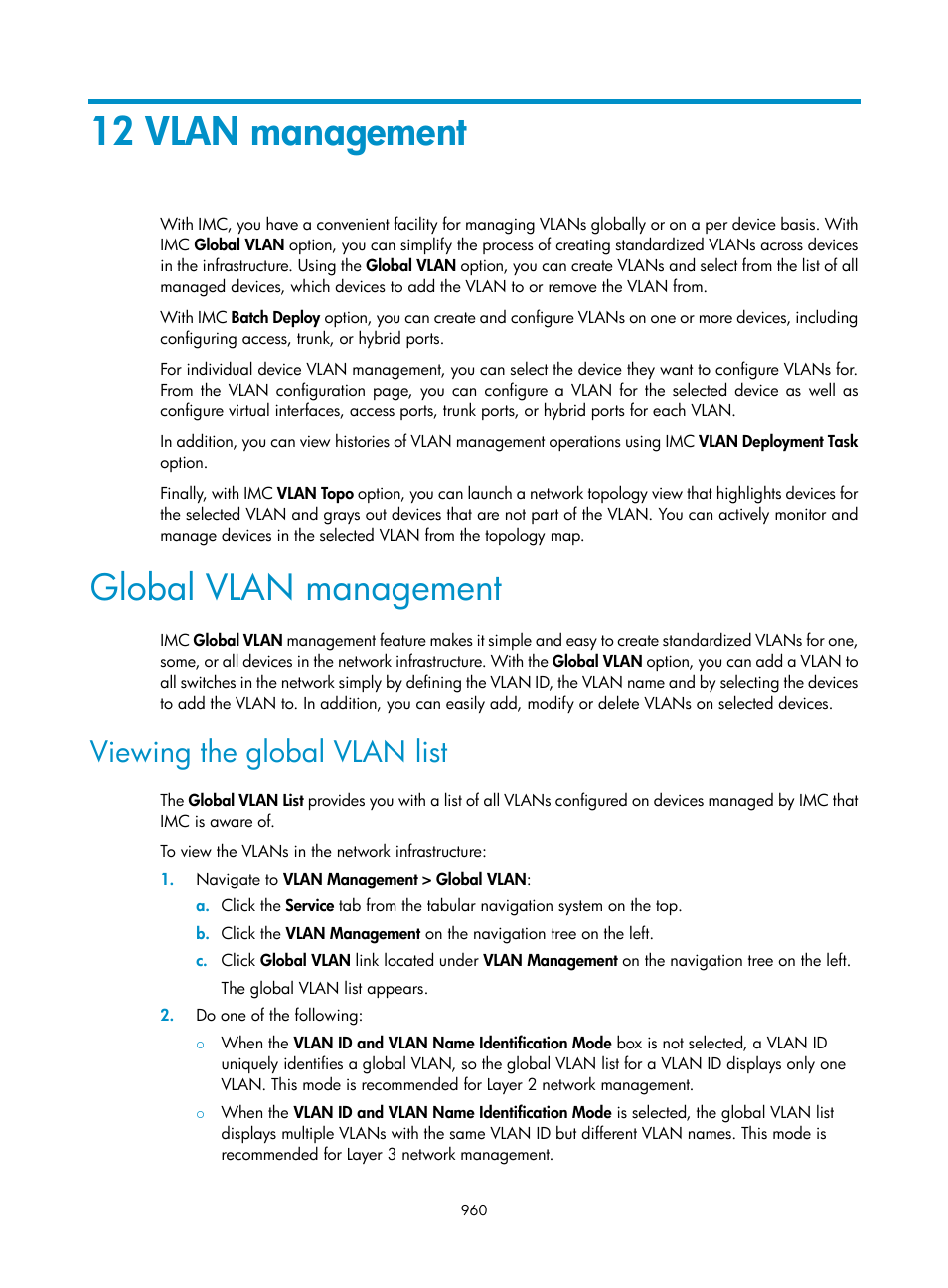 12 vlan management, Global vlan management, Viewing the global vlan list | H3C Technologies H3C Intelligent Management Center User Manual | Page 974 / 1065