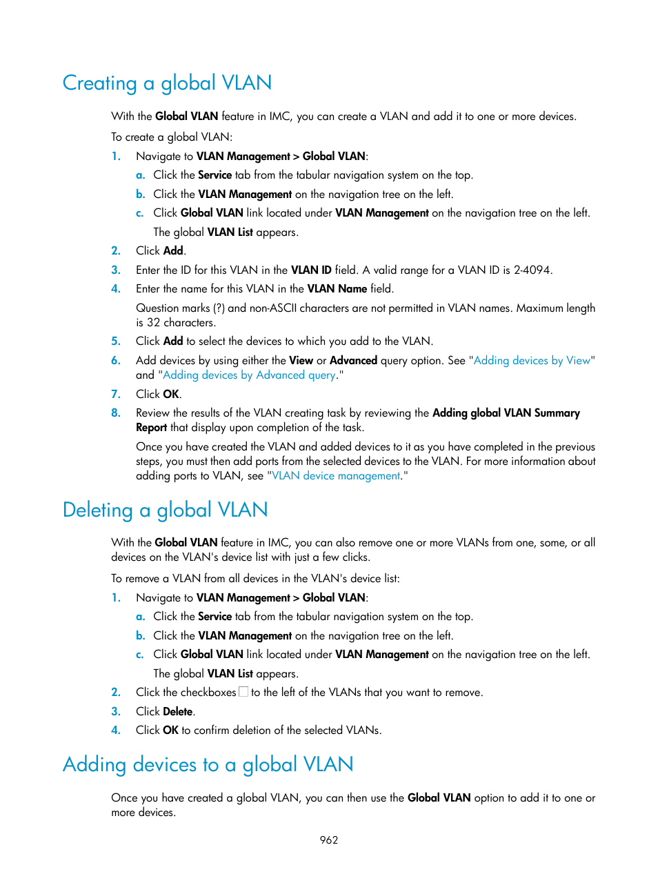 Creating a global vlan, Deleting a global vlan, Adding devices to a global vlan | H3C Technologies H3C Intelligent Management Center User Manual | Page 976 / 1065