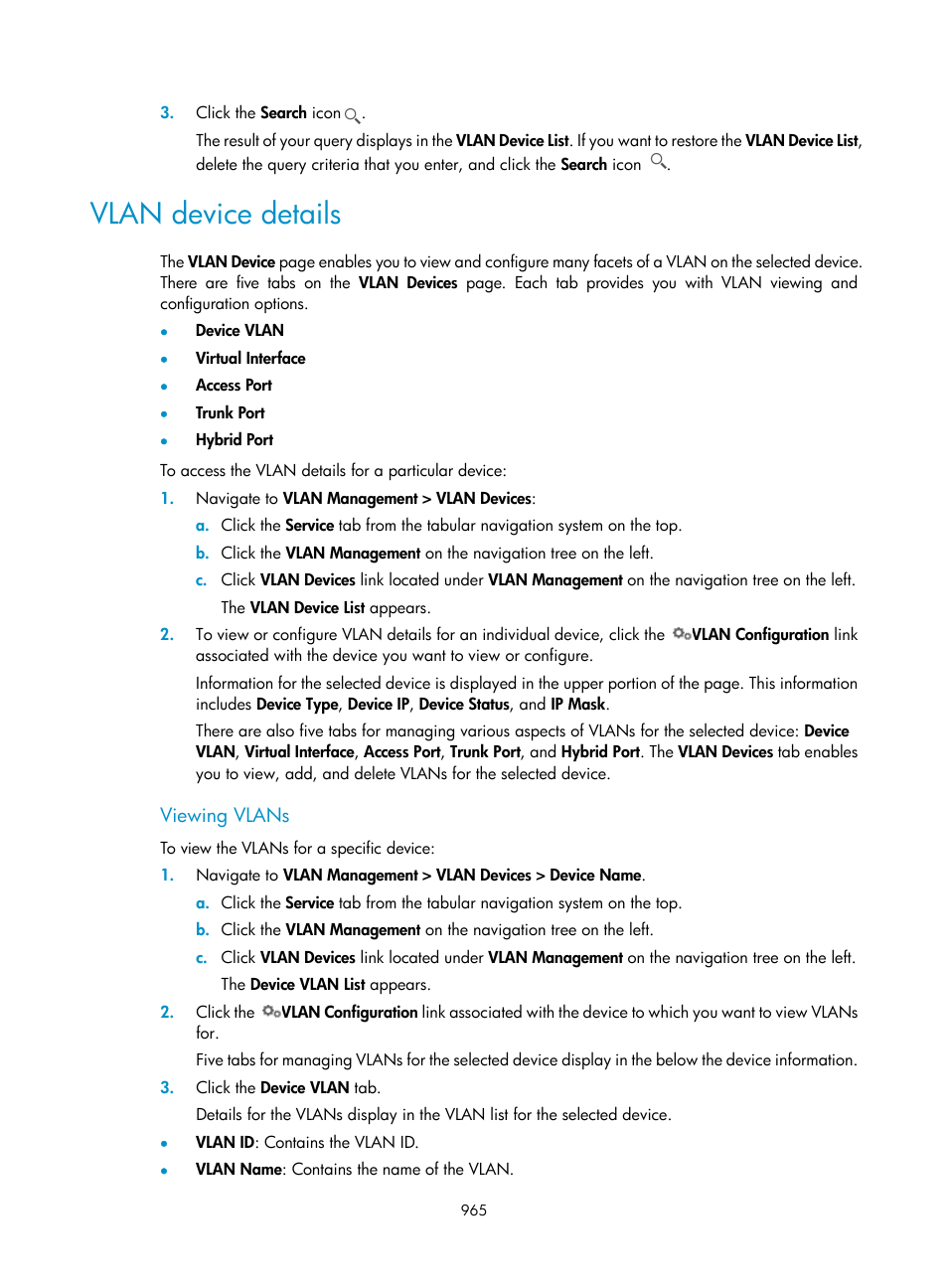 Vlan device details, Viewing vlans | H3C Technologies H3C Intelligent Management Center User Manual | Page 979 / 1065